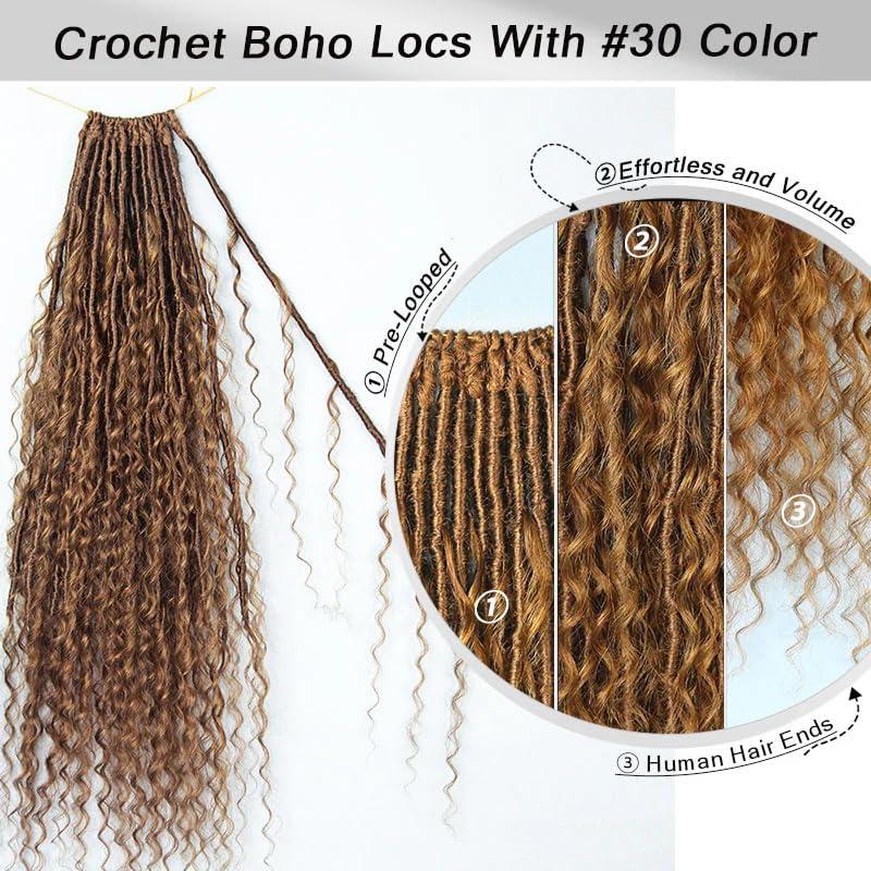 Limited Beauty Goddess Braids Locs Crochet Hair Light Auburn with Human Hair Curls Ends Crochet Pre looped Hair Brown Deep Wave Crochet Boho Locs Braiding Hair Crochet Hair For Black Women 26 Inch 72 Strands