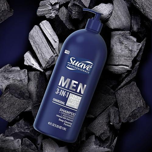 Suave Suave Men Shampoo Conditioner Bodywash 3 in 1 Charcoal &Warm Ginger to Cleanse and Nourish Hair and Skin, 40 oz Pack of 3