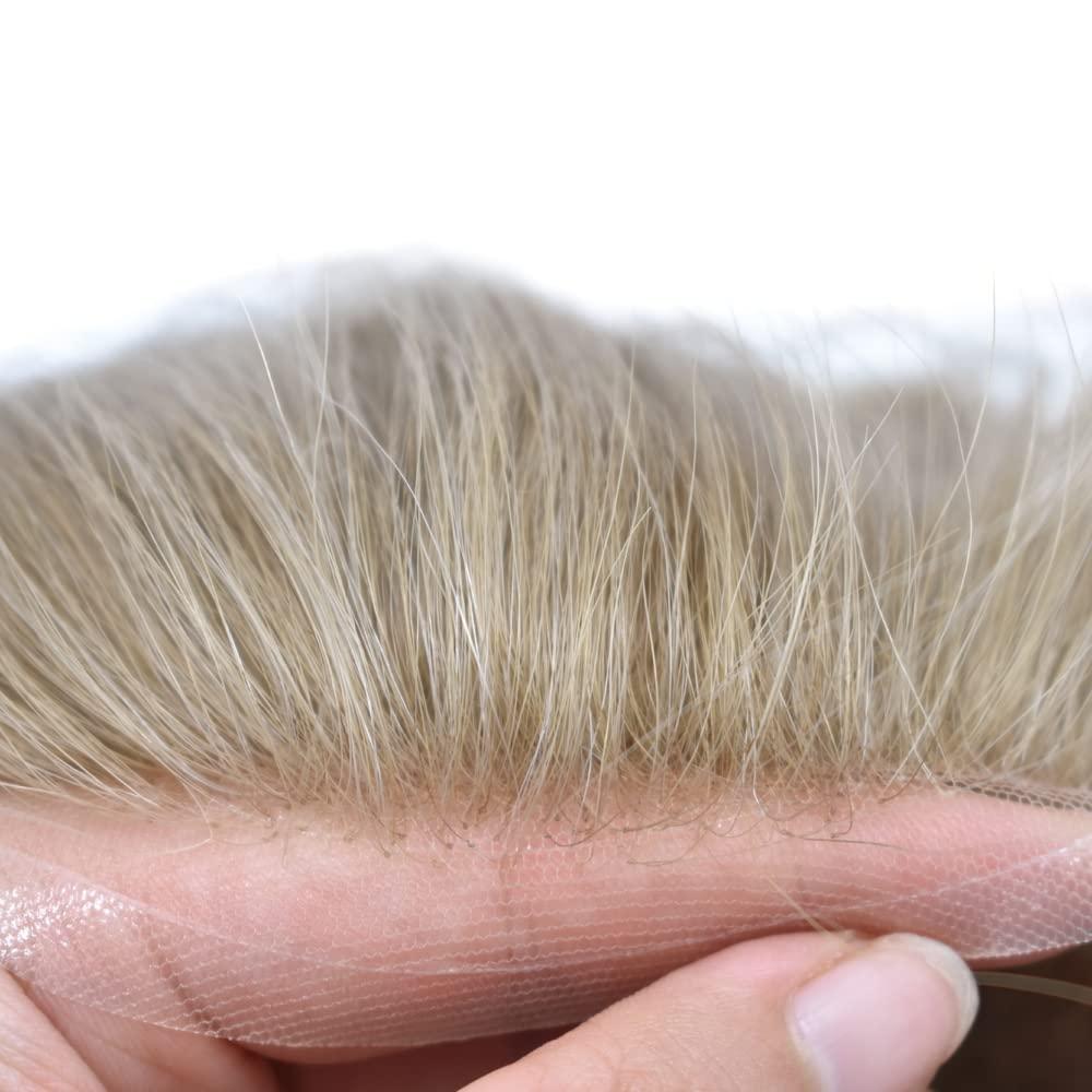 Generic Toupee For Men Swiss Lace Hair Replacement System Virgin Human HairPiece Mens Toupee Lace Front Hair Restoration For Men Poly PU Skin at Back Hair Unit 7\"x9\"#1810 Medium Blonde with 10% Gray-110% density