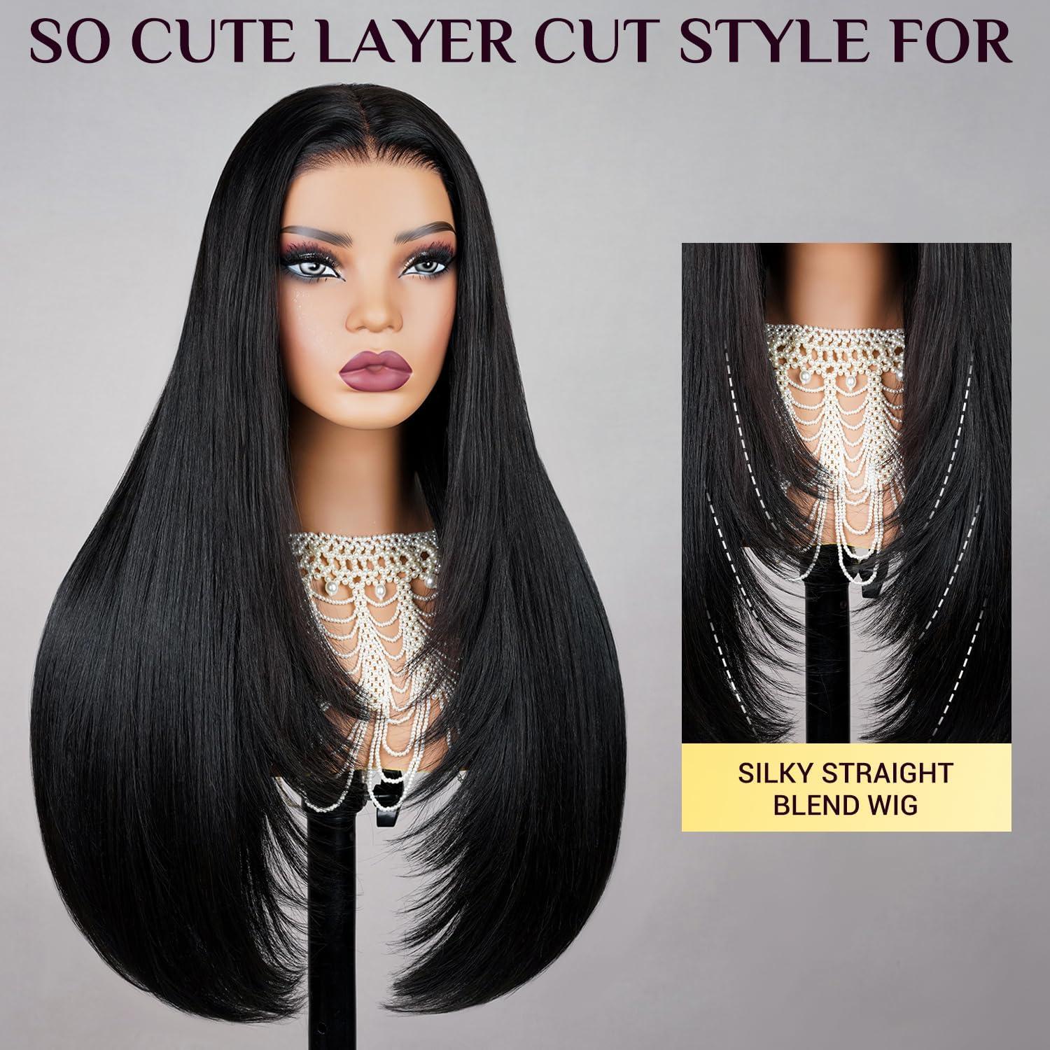 TESLAL TESLAL Blend Wigs Human Hair Glueless Wear and Go Glueless Wigs Human Hair Pre Plucked Pre Cut Layered Wig Straight 6X6 Synthetic and Human Hair Blend Wig 22Inch Black Color 260% Density