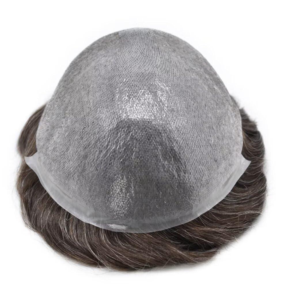 SINGA HAIR Mens Toupee Human Hair Pieces Real Wigs for Mens Hair Systems Replacements 0.06mm V Looped Thin Skin Man Hair Units #330 Dark Brown+30% Gray