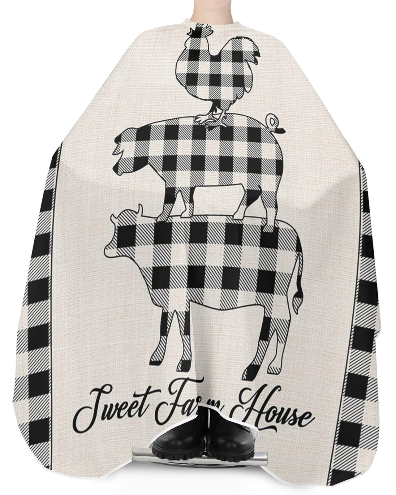 Double Love Farm Barber Cape - Salon Hair Cutting Cape for Women,Men,Kids,Adults,Rooster Pig Cow Retro Black White Plaid Haircut Cape with Adjustable Elastic Neckline Hairdressing Stylist Cape Gown Accessories