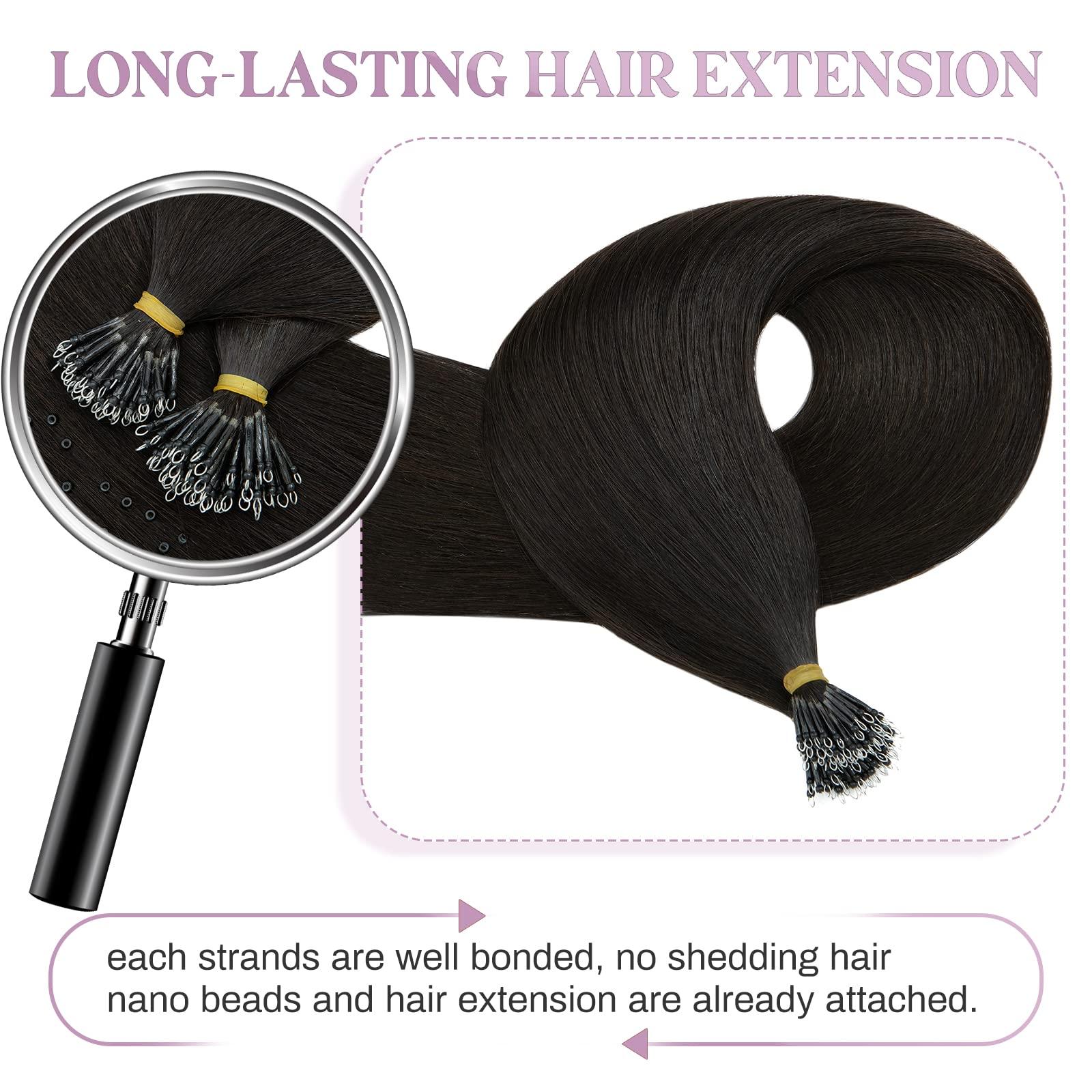 MY-LADY MY-LADY Nano Bead Hair Extensions Human Hair Invisible Nano Ring Hair Extensions Pre Bonded Cold Fushion Natural Nano Tips Extensions 50 Strands 50g 20 Inch #1B Natural Black