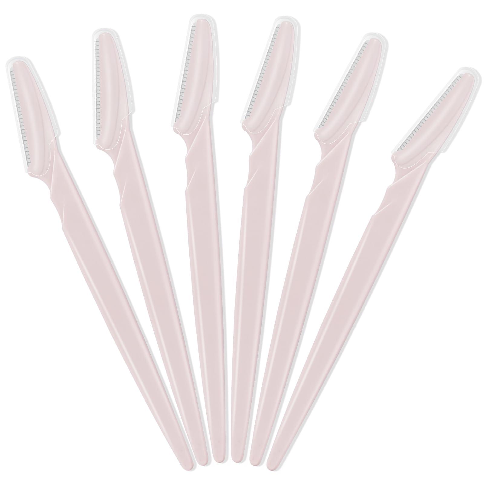 JHZMCRX 6 Pcs Light Pink Eyebrow Razor, Face Razors Multipurpose, Facial Razors for Women Men, Eyebrow Trimmers Shaver with Safety Cover, Dermaplaning Tools for Face Body Use, Facial Hair Removal Tools