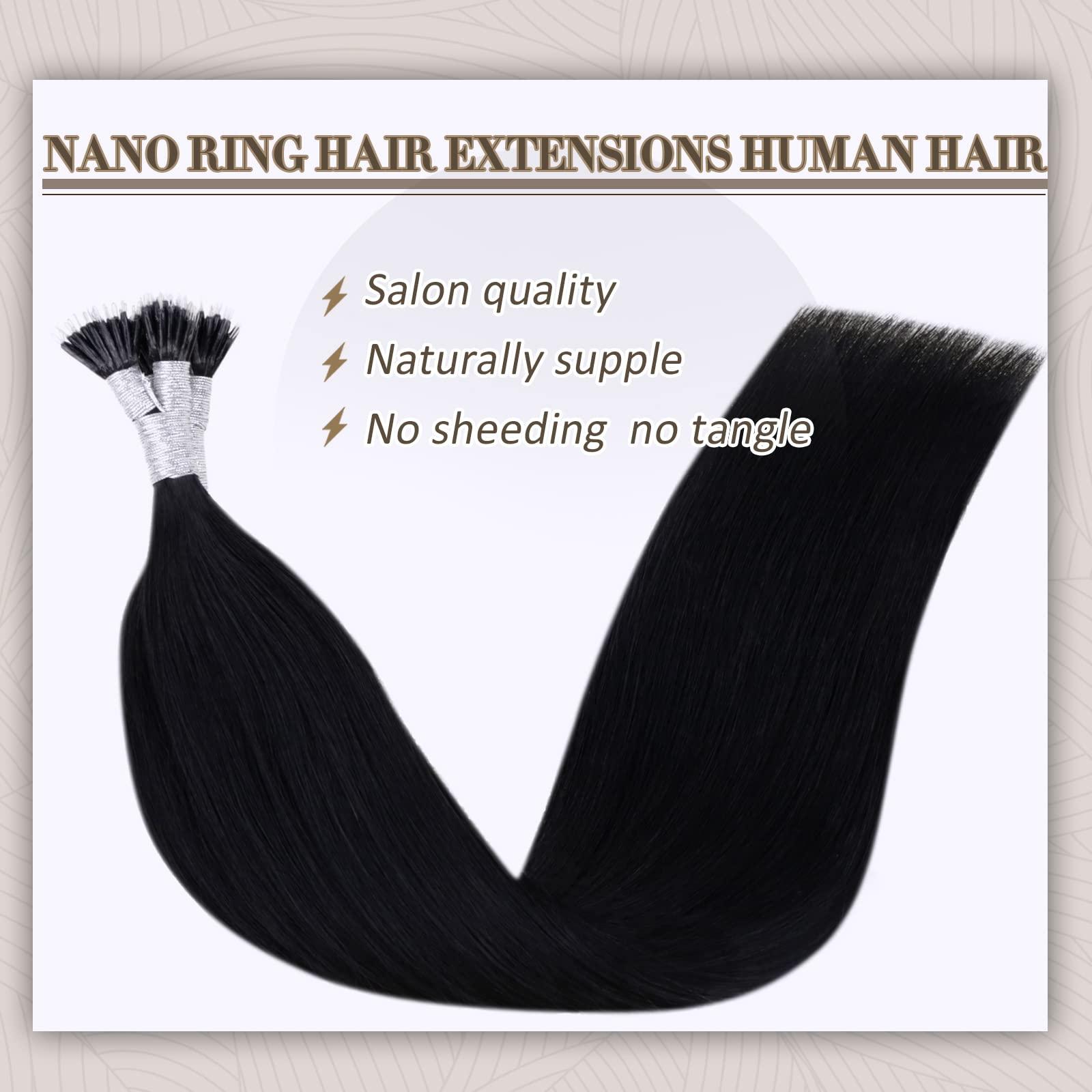 Vivien Vivien 24 Inch Nano Bead Hair Extensions Real Human Hair Jet Black Nano Extensions Human Hair Black Invisible Long Human Hair 50G/50S