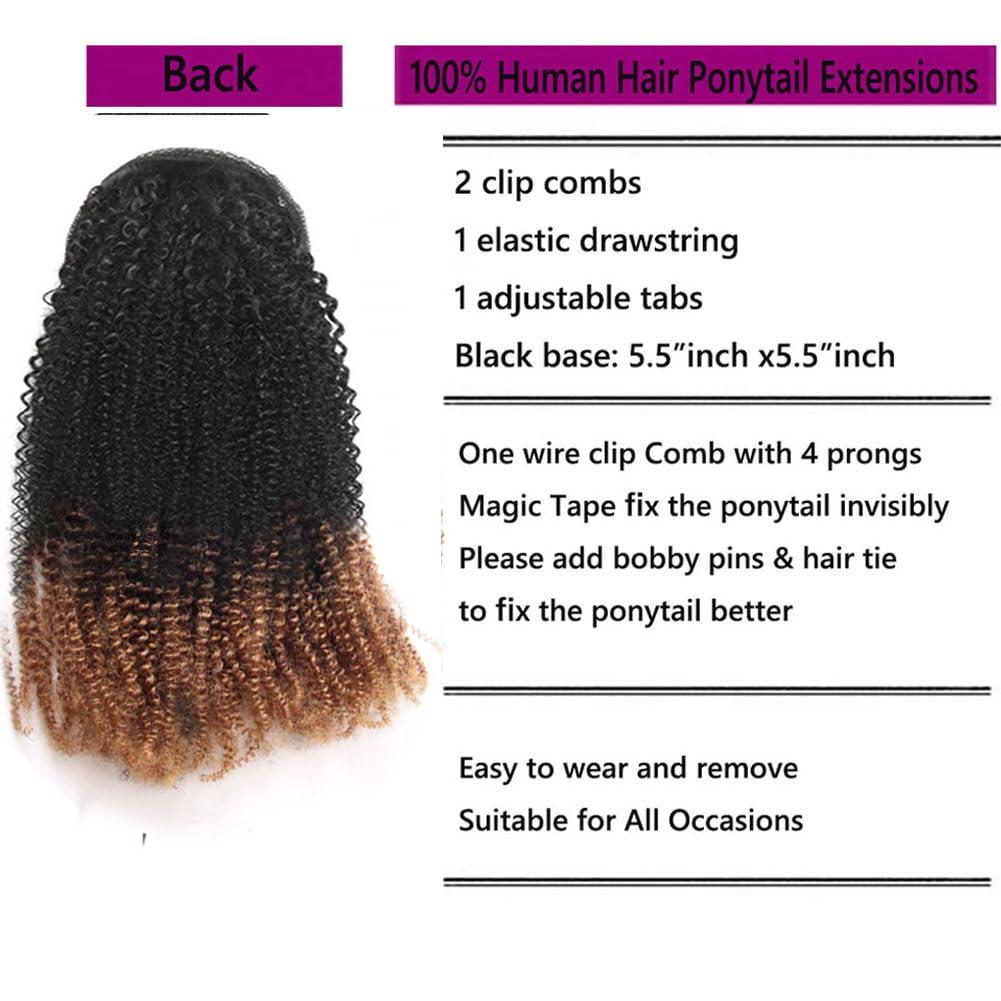Kiss darling LASHES Two Tone 1b/30 Afro KInkys Curly Drawstring Ponytail Human Hair Extensions for Women 8inch 110g 4C Curly Clip On Ponytails Extension For Women Black to Light Auburn