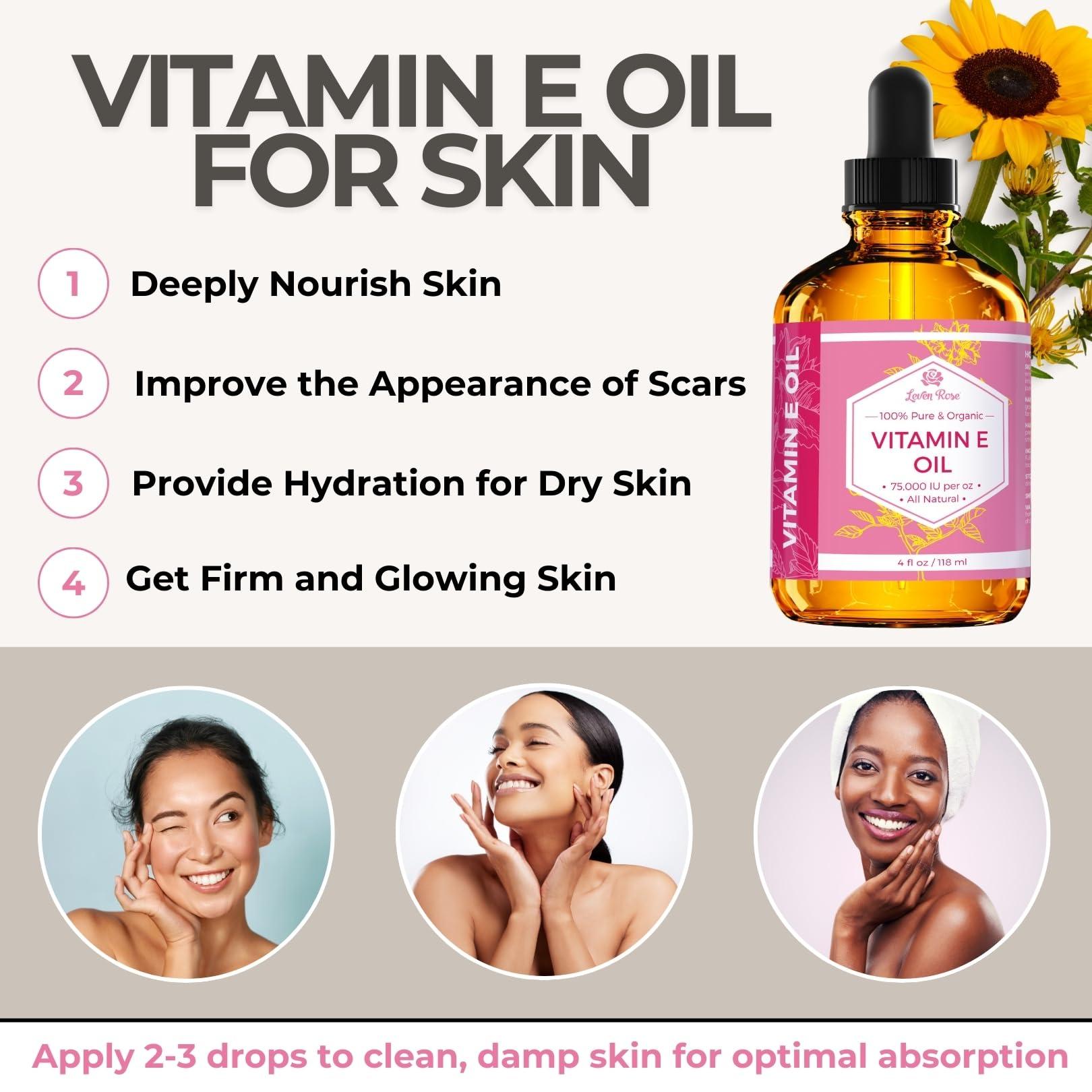 Leven Rose Vitamin E Oil by Leven Rose 75,000 IU per oz 100% Natural, Organic, Pure Vitamin E Oil for Skin, Face, Hair, Nails, and Scars, 4 oz