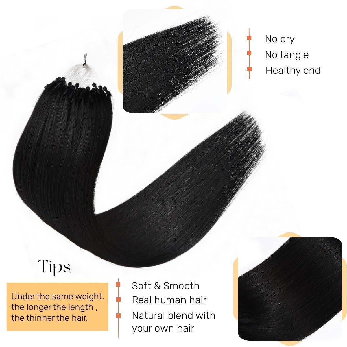 Jinyisong Micro Link Hair Extensions Human Hair 18 Inch Bead In Hair Extensions Micro Loop Human Hair Extension 0.5g/s 50g Invisible Beaded Hair Extensions #1 Jet Black