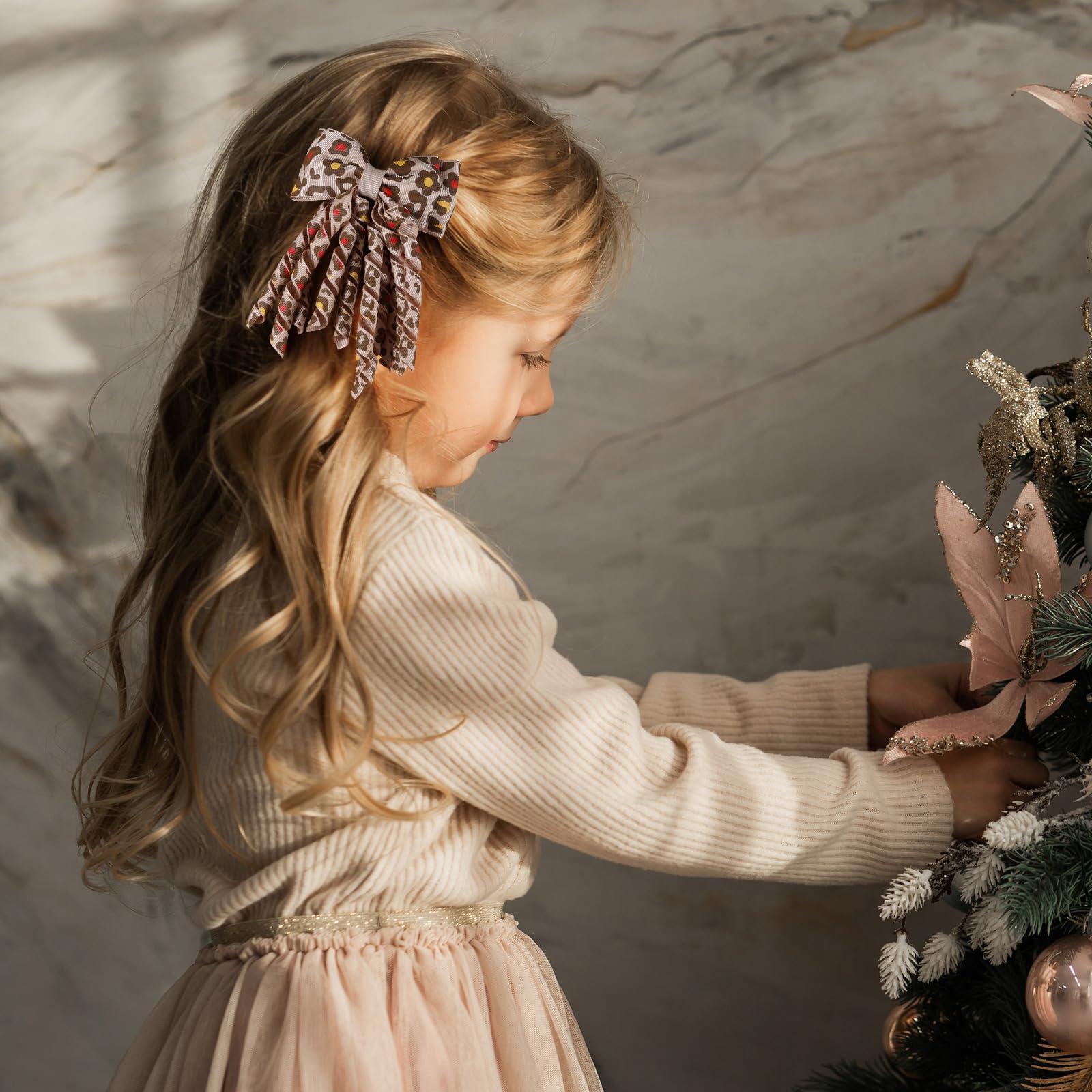 melyde Curly Ribbon Hair Bow Clips Handmade Hair Ribbon Bows 3.14 Inch Girls Cheer Hair Accessories for Christmas Birthday School, Leopard