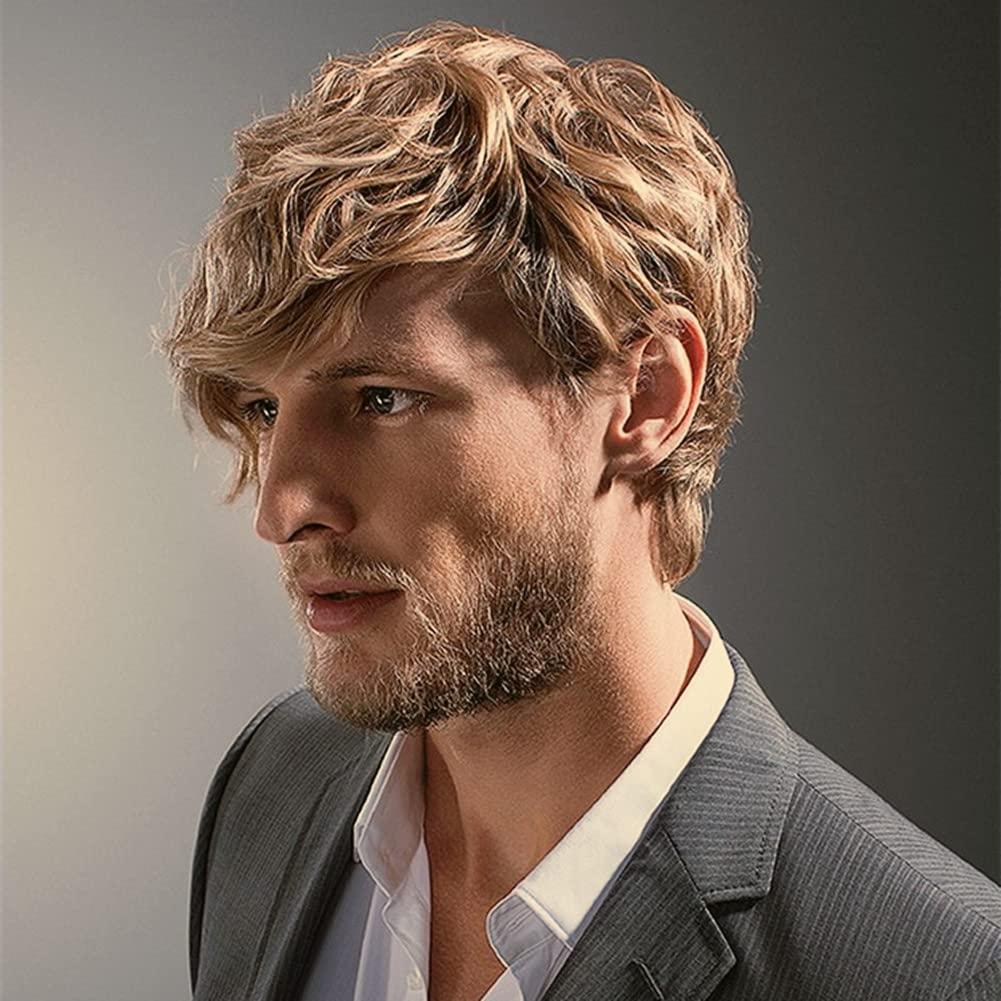 Tseses Tseses Curly Blonde Short Wigs for Men Fluffy Natural Layered Synthetic Blonde Wig Halloween Cosplay Hair Wig for Male Guy (Blonde)