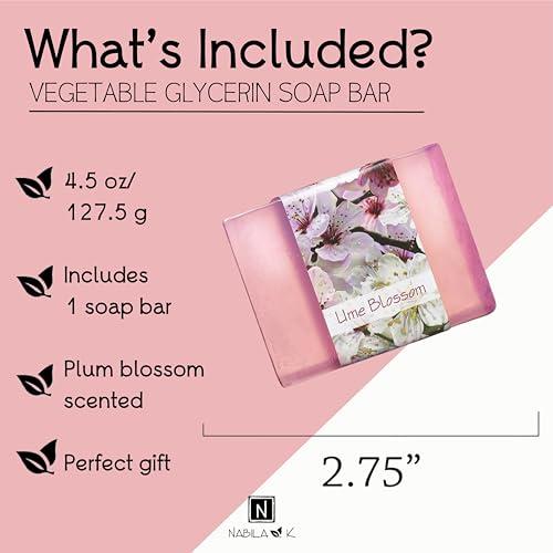 Nabila K Glycerin Bar Soap Ume Blossom Scent - Natural, Vegan-Friendly, Hypoallergenic - Moisturizing and Hydrating with 100% Vegetable Glycerin - Sulfate-Free, Paraben-Free, Chemical-Free - 4.5 oz