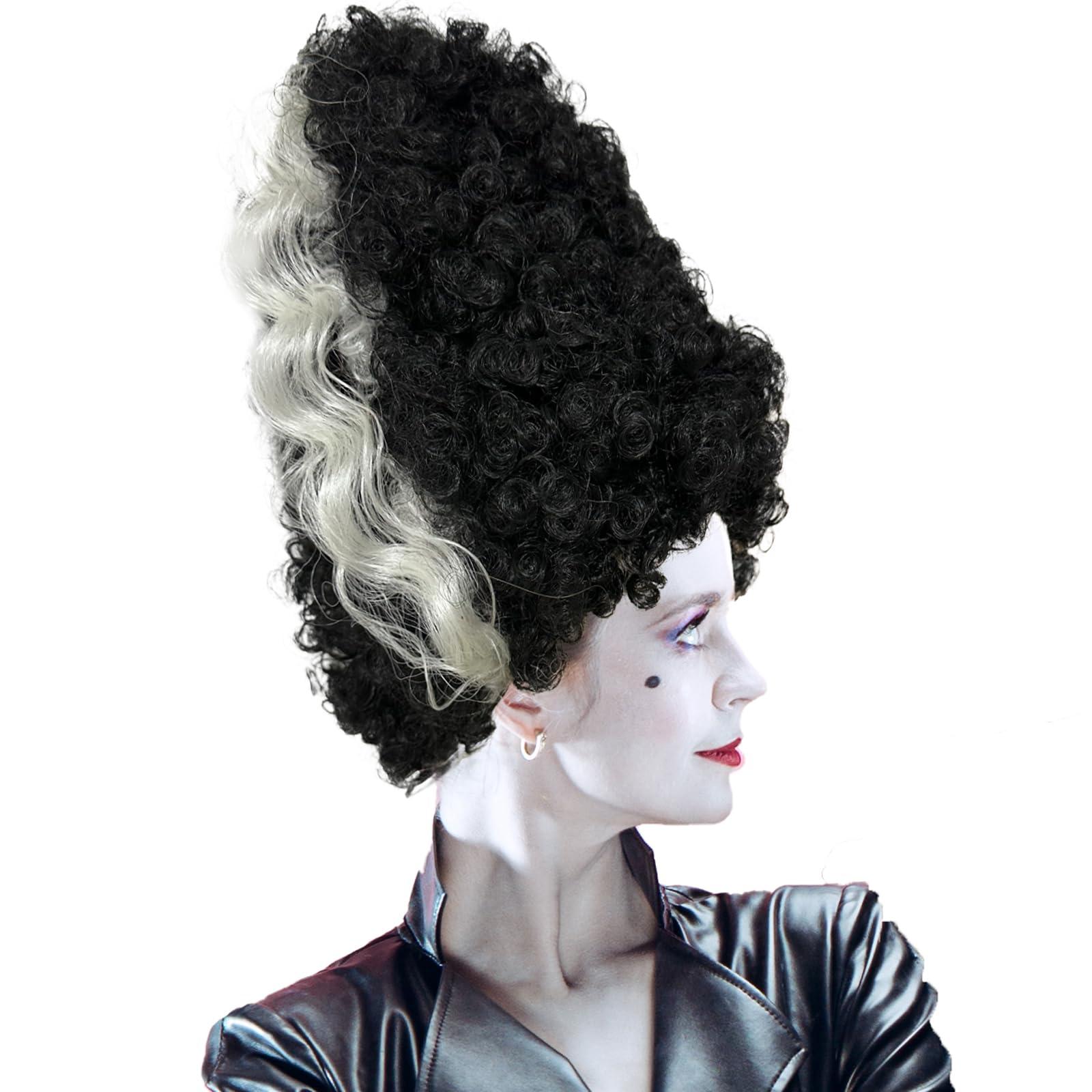 Luvfamday Luvfamday Long Black Curly Wig with White Streaks Goth Bride Wig Top Hat Two Tone Wig Halloween Cosplay Costume Wigs Women Men