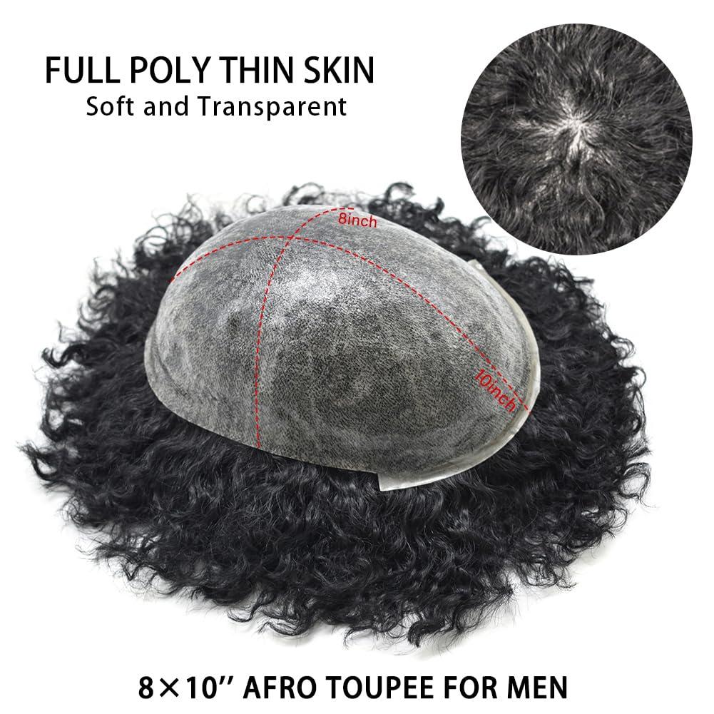 Brave Hair Afro Curly Toupee for Black Men Full Poly PU Injected African American Hairpiece Replacement Systems Hair Units for Black Man8\"x10\"1B#Off Black-6mm
