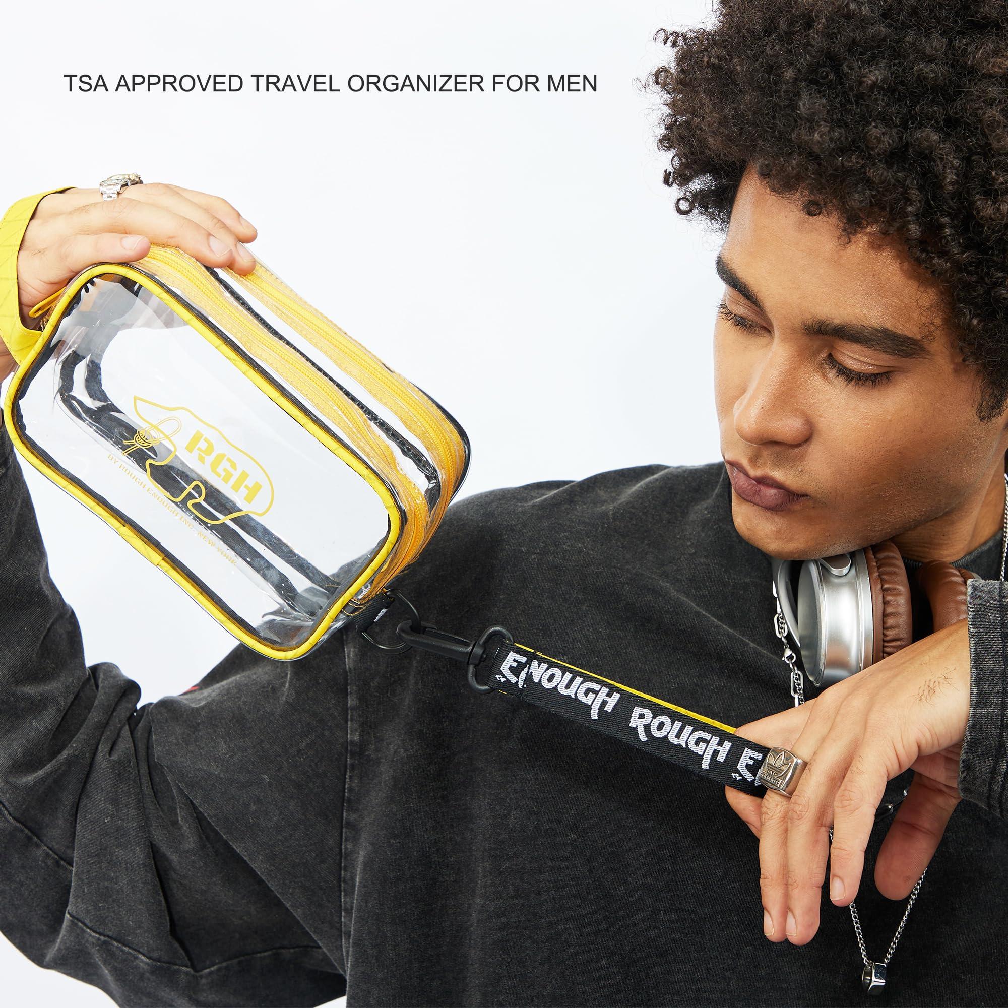 RE ROUGH ENOUGH Rough Enough Clear Toiletry Bag for Men TSA Approved Shaving Kit Cosmetic Organizer Travel Essentials with Dry Wet 2 Compartments Yellow