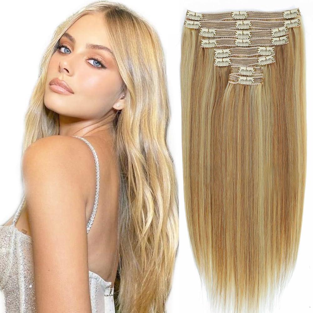 Tahikie Human Hair Clip in Extensions Dark Blonde Highlighted Bleach Blond Full Head Silky Straight Clip in Natural Remy Human Hair Extensions 120g 8pcs (22 inch, 18/613)