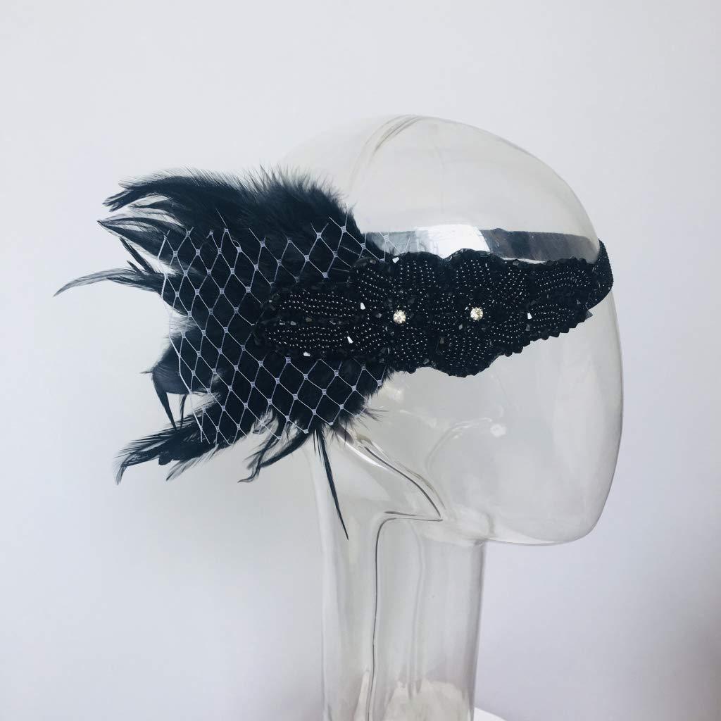 Aimimier Aimimier 1920s Flapper Feather Headband with Veil Black Beaded Sequined Costume Headpiece with Elastic Band Carnival Party Roaring Hair Accessories