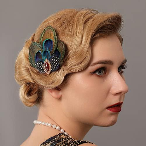 Asooll Asooll Peacock Feather Hair Clip 1920s Flapper Headpiece Great Gatsby Red Crystal Hair Jewelry Festival Costume Hair Accessories for Women and Girls