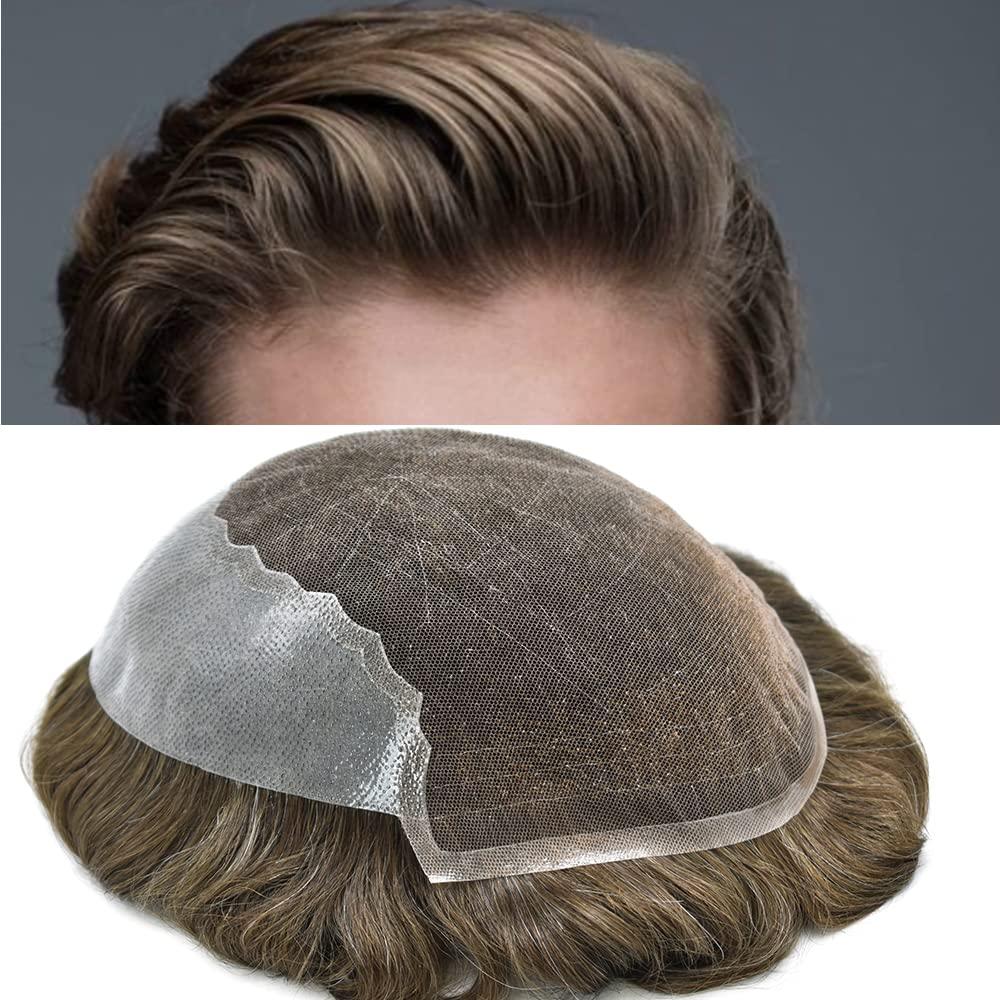 Generic Toupee For Men French Lace Front Bleached Knots Mens Toupee Natural HaIrline Breathable Human Hair System For Men (8\"x10\", 7 Very Light Brown-100% density)