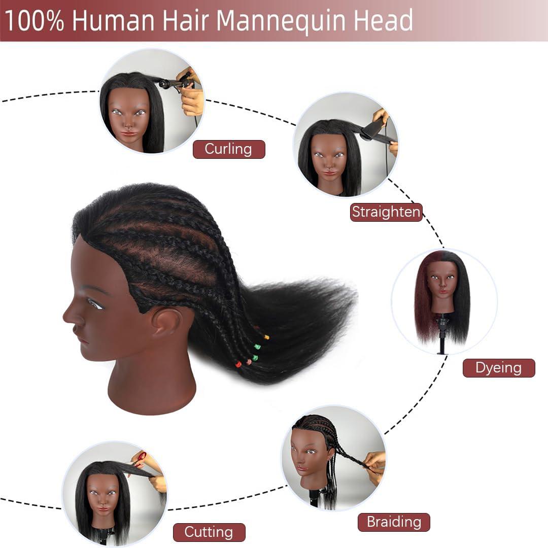 Opini Opini 16\" Mannequin Head Human Hair with 100% Real Hair Cosmetology Mannequin Doll Head for Hairdresser Practice Braiding Hairstyling with Free Table Clamp Stand (16 Inch)