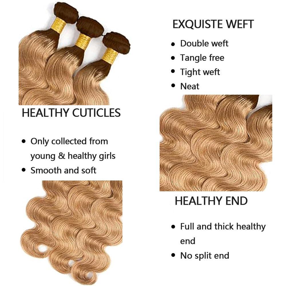 GveoXvo T4/27 Human Hair Bundles - Blonde Body Wave, Peruvian Grade 8A Virgin Hair, Mixed Length 20-24 Inch, 2 Tone Brown & Honey Blonde, 300g