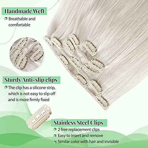SOSEXY Clip in Hair Extensions Ice White Remy Human Hair Extensions 70g 5pcs Silk Straight Double Weft Real Human Hair Clip in Extensions 16 Inch Hair Extensions Clip ins Full Thick Ends Hair Extensions