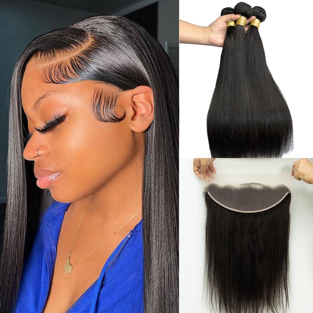 Topnormantic Topnormantic Straight Bundles with Frontal Human Hair (14 16 18+14) 12A Grade Brazilian Human Hair 3 Hair Bundles with 13x4 Lace Frontal Free Part 100% Unprocessed Virgin Hair Straight Weave