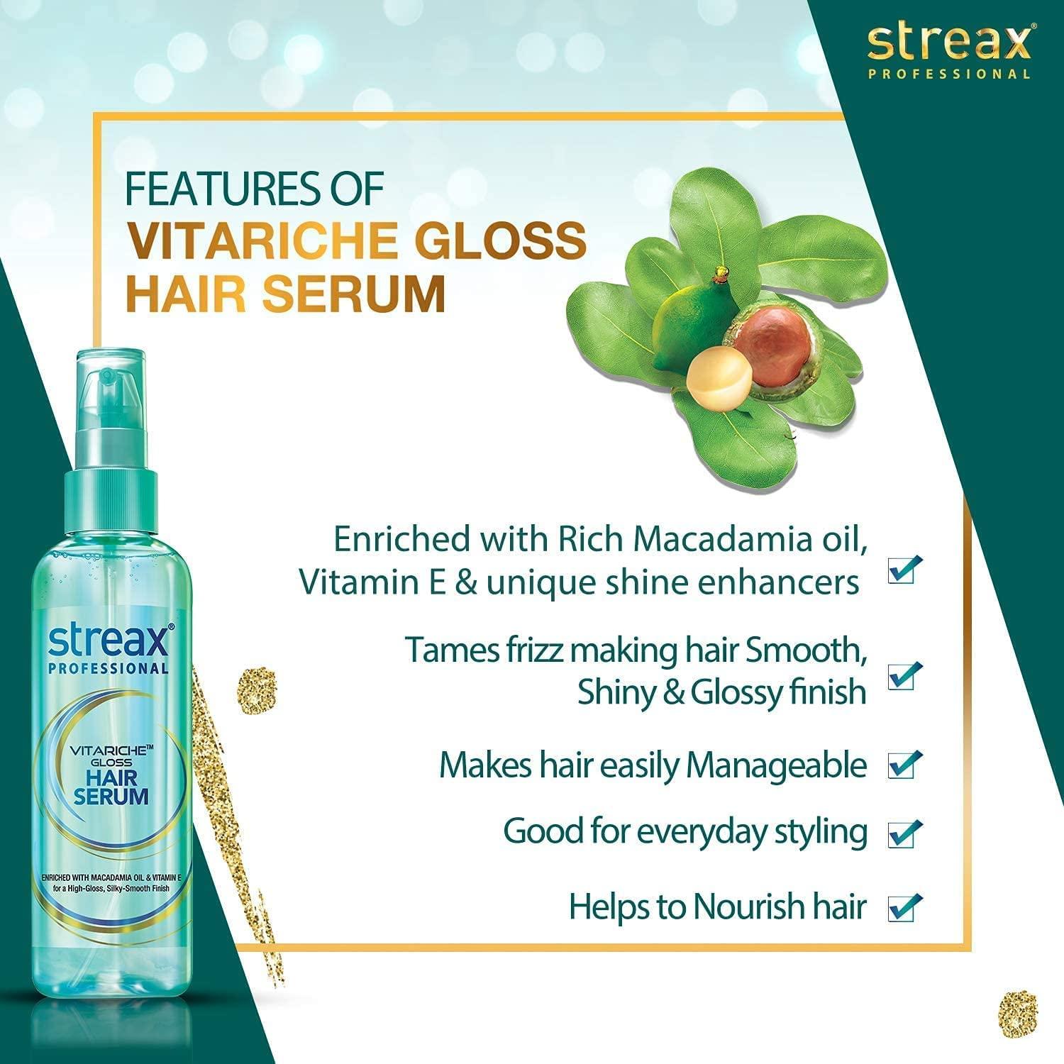 Generic Streax- Professional -Vitariche Gloss Hair Serum For Women & Men | Enriched With Macadamia Oil and Vitamin E | For Gorgeous & Shiny Hair | Adds Shine To Hair, 100 ml Pack of 1