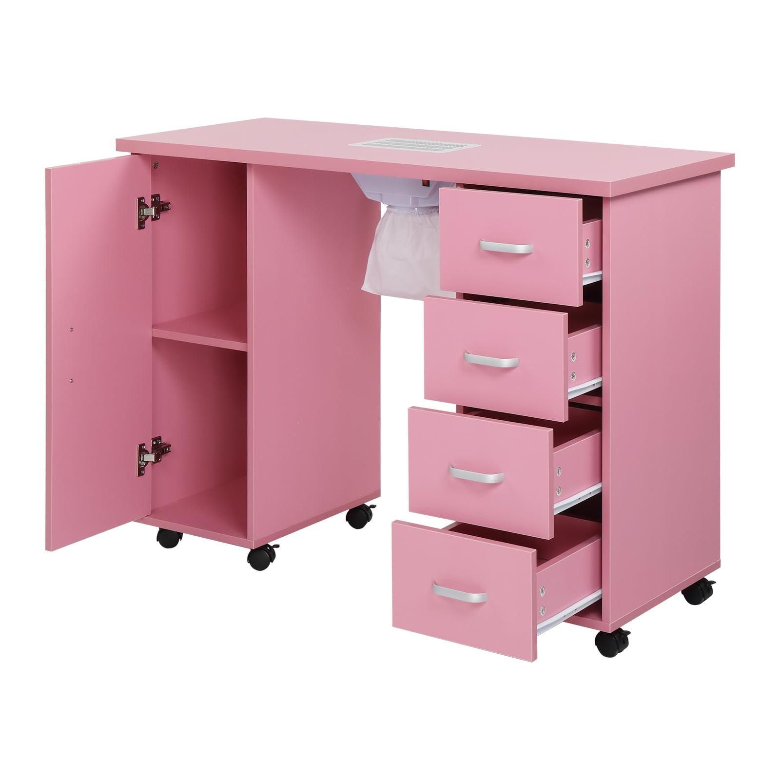 Vasitelan Vasitelan Manicure Nail Table Station, Salon Spa Nail Desk with Electric Downdraft Vent, Locking Castors, Storage Cabinet, 4 Removable Drawers (Pink)