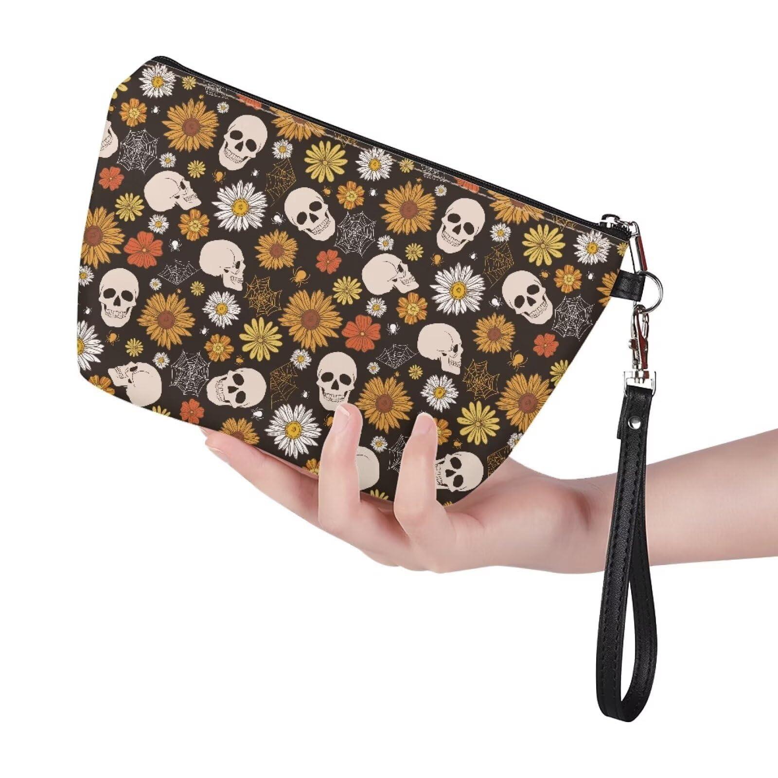 FOR U DESIGNS FOR U DESIGNS Skull Makeup Bag Gothic Style Halloween Gifts Slim Foldable Makeup Bag Organizer Cosmetic Bag for Men Compact Travel Toiletry Bag Lightweight Pouch