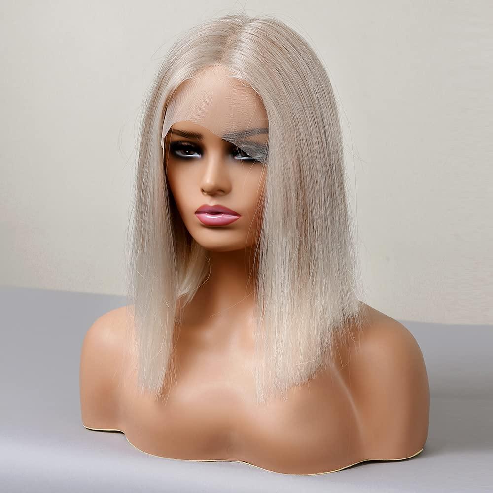 vedar vedar Ombre White Blonde Bob Wigs, Synthetic Hair Short Blonde Lace Front Wig with Highlight, Short Bob Wigs for Women, 12 inch VEDAR-096