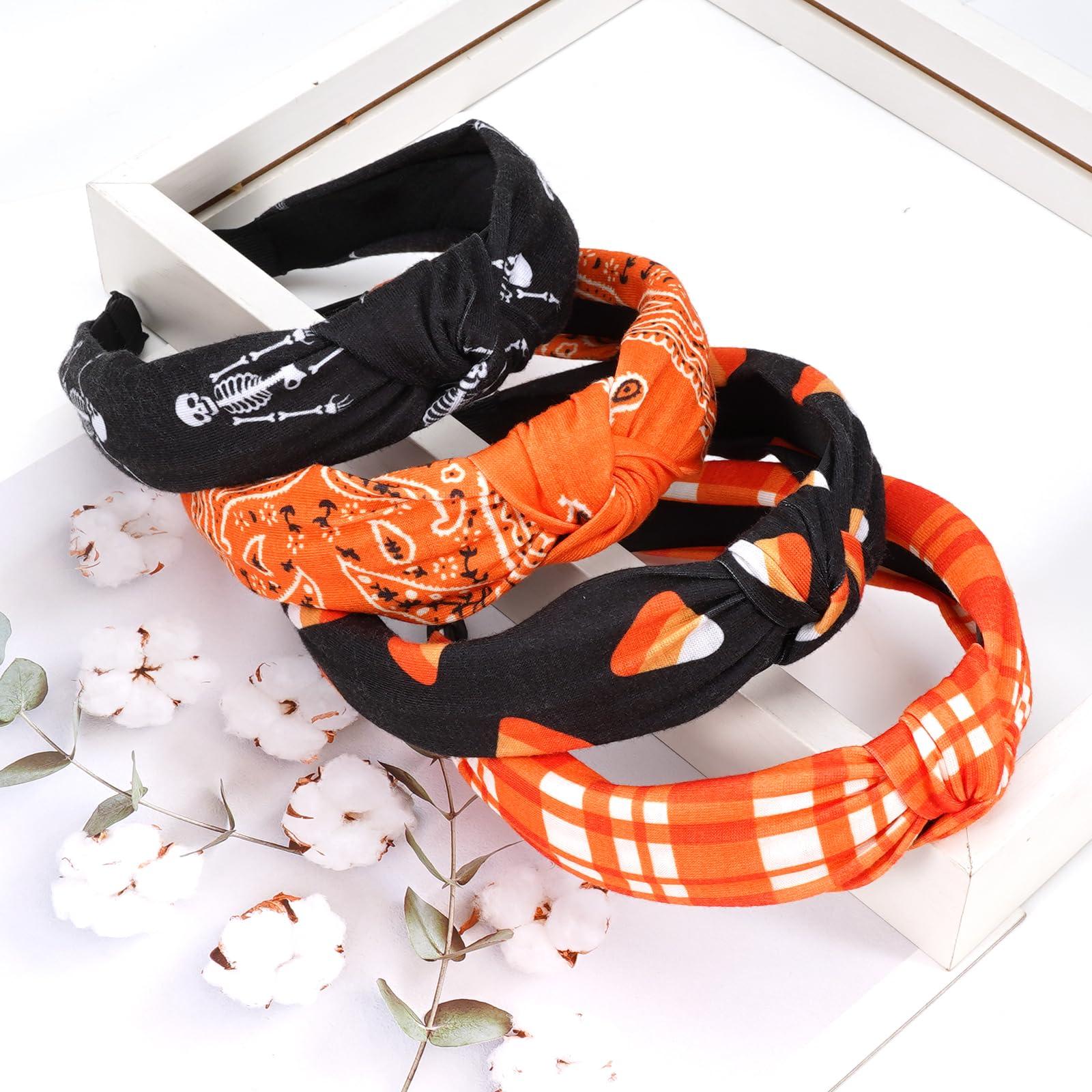 Bookay Halloween Headbands for Women Girls Skeleton Skull Candy Wide Knot Heabdand Fall Orange Bandana Plaid Hairbands Hair Accessories Halloween Party Outfit Gifts