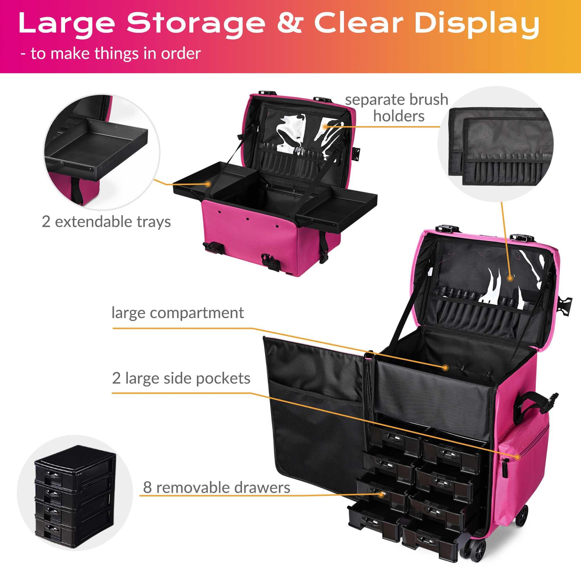 BYOOTIQUE BYOOTIQUE 2 in1 Soft Sided Rolling Makeup Case Unseasonable Bright Cosmetic Train Case with Wheels and Removable Organizer, Deep Pink