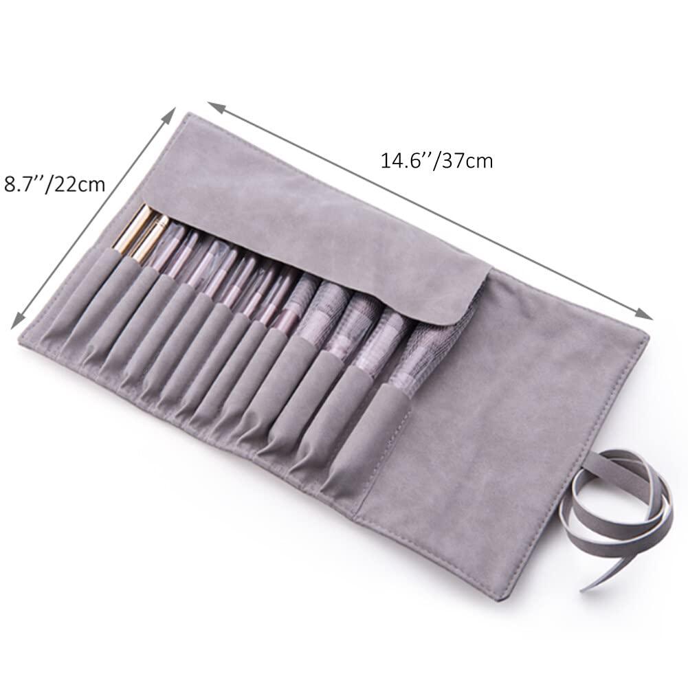 VASANA Gray Soft Makeup Brush Rolling Case Mini Cosmetic Brush Organizer Portable Roll Up Brush Holder Pouch Bag for Travel Business Trip 14 Pockets