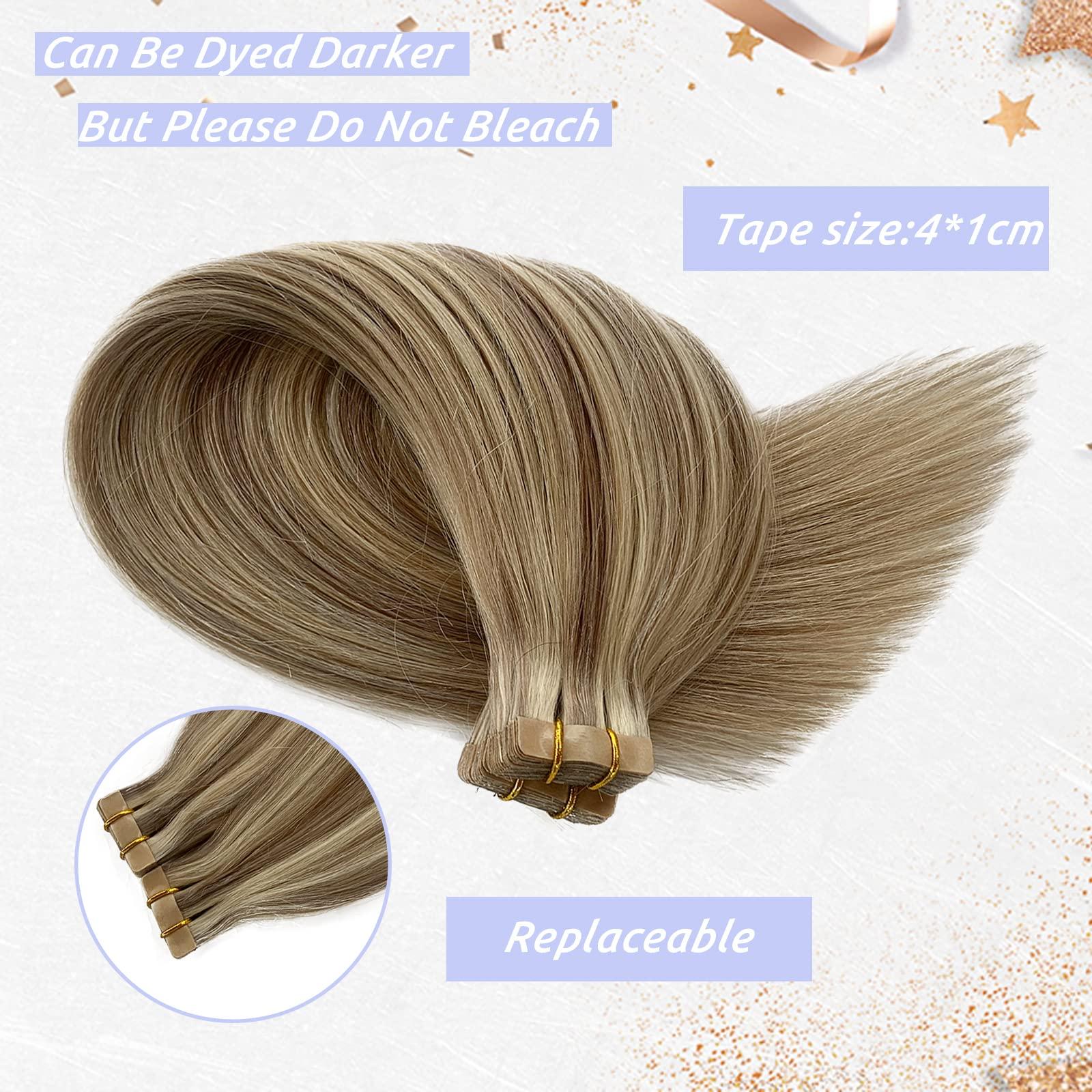 Smavida Balayage Blonde Tape in Invisible Hair Extension Human Hair,Highlight Tape in Hair Extensions Blonde Highlights with Ash Brown Fashion Color Remy Human Hair Extensions Tape in Straight Hair for Women