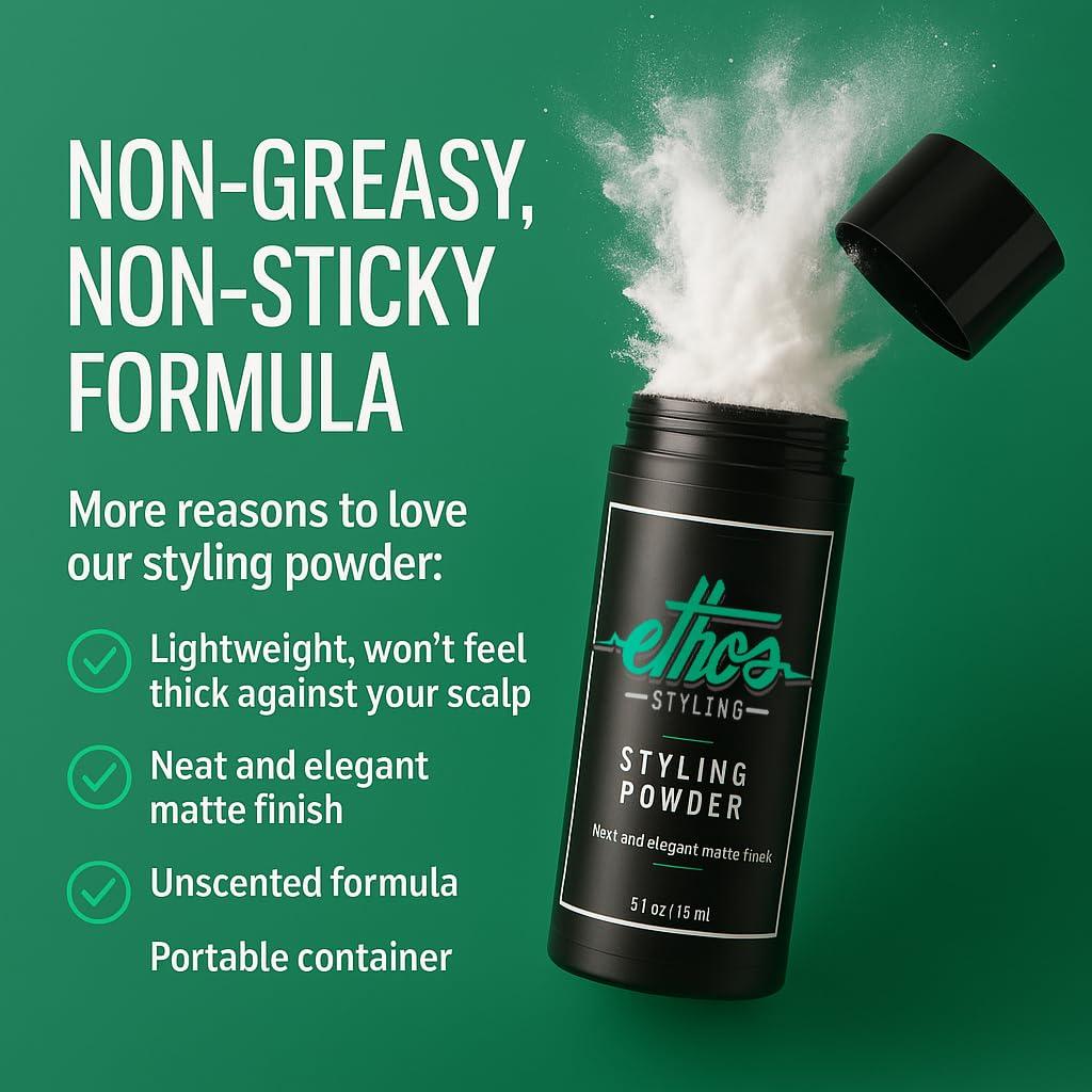 Ethos Styling Ethos Styling Texture Powder - Texturizing & Mattifying Hair Powder for Men - Grooming, Volumizing & Hair Styling Products for Extra Volume, Control & Strong All-Day Grip - Matte, Wavy Finish - 20g