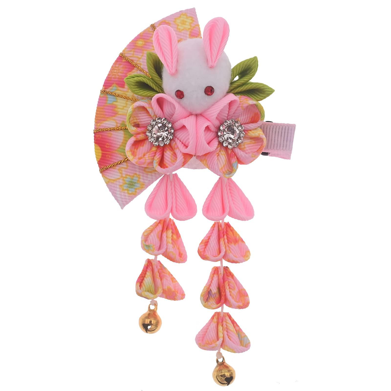 MIAO WU Japanese Hair Clips Kimono Flower HairPin, Women Girls Kimono Hanfu Rabbit Hair Accessories Kanzashi Flower Hair Tie Band Clip Gift (Pink)