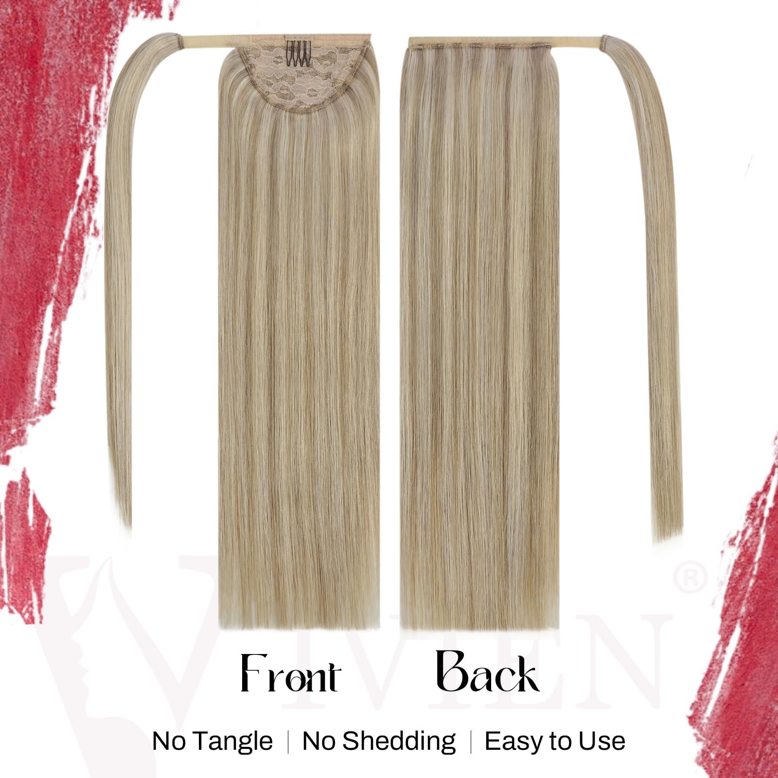 Vivien Vivien Ponytail Extension Human Hair Wrap Around Ponytail Extension Ash Blonde Highlight Golden Blonde Pony Tails Hair Extensions Clip in Ponytail Hair Extensions for Women 80G 18inch