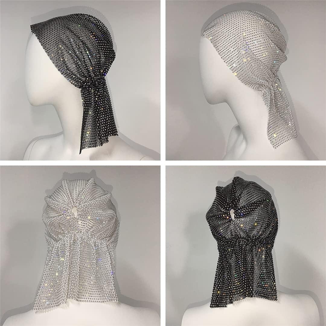 Tsangbaby Trendy Mesh Rhinestone Head Wraps Sparkle Women Crystal Headscarfs Sexy Party Turban for Rave Party Bar Nightclub White
