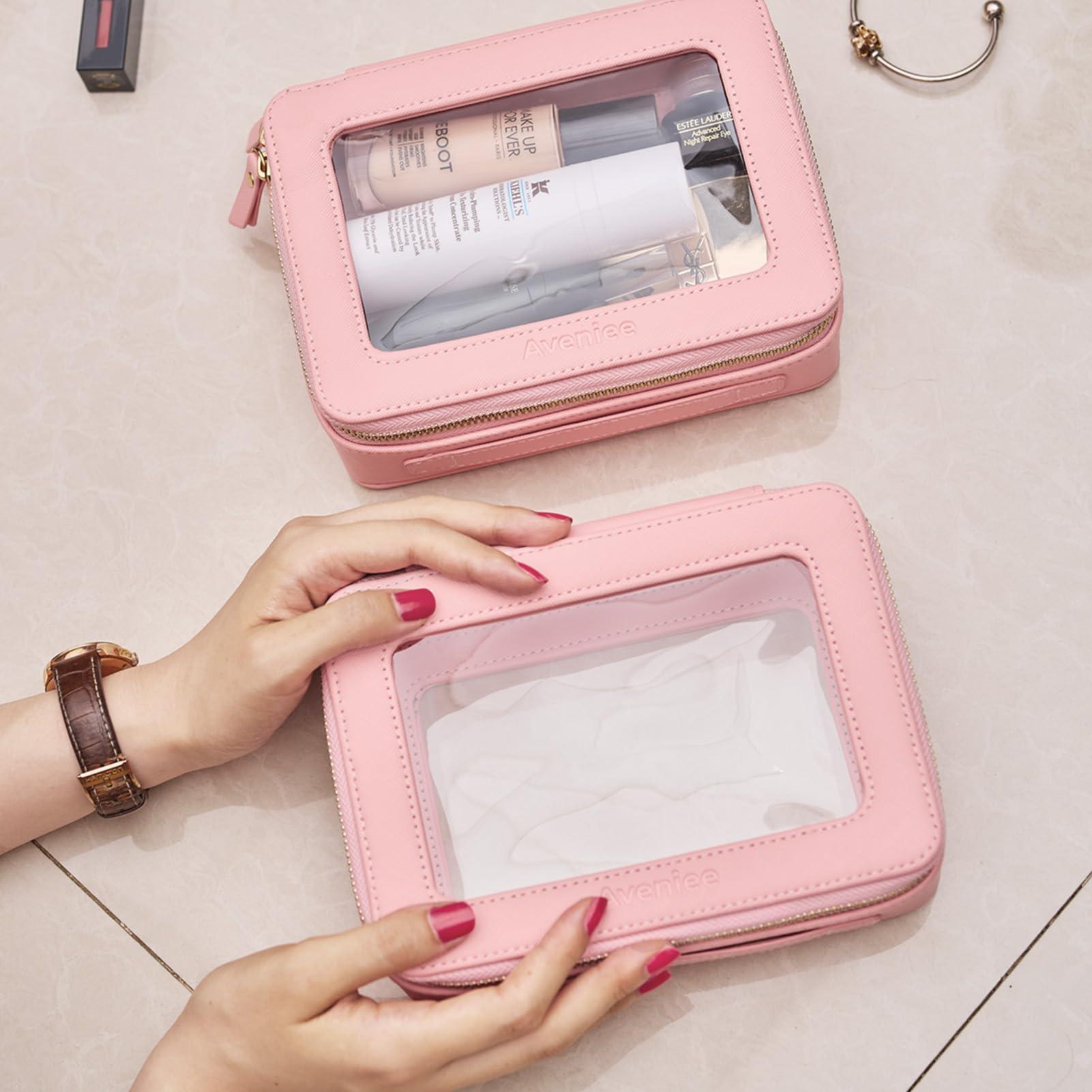 Aveniee Aveniee Clear Makeup Bag Organizer, Portable Travel Toiletry Cosmetic Bag Case for Women, Heavy Duty Make Up Pouch with Transparent Vinyl Windows & Gold Zippers(Pink)