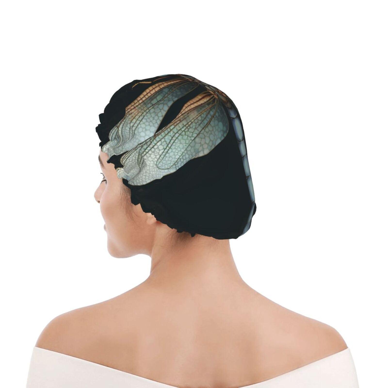 GFLFMXZW Dragonfly Shower Cap Reusable Double Layered Bath Cap Waterproof Hair Cap with Elastic Band Bathing Hat Spa Salon Shower Hat for Women Men