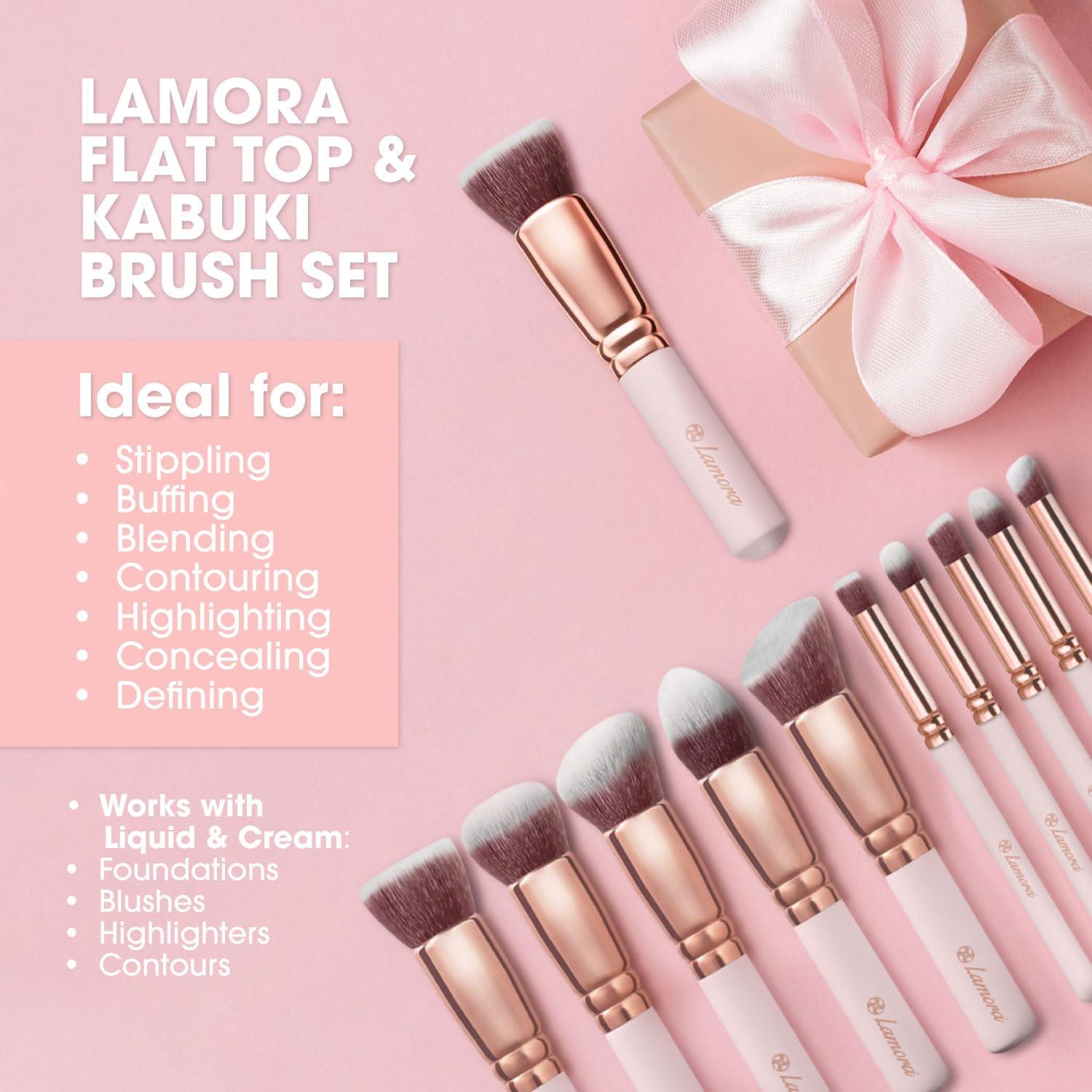 Lamora Kabuki Foundation Brush (Rose) with Kabuki Makeup Brush Set