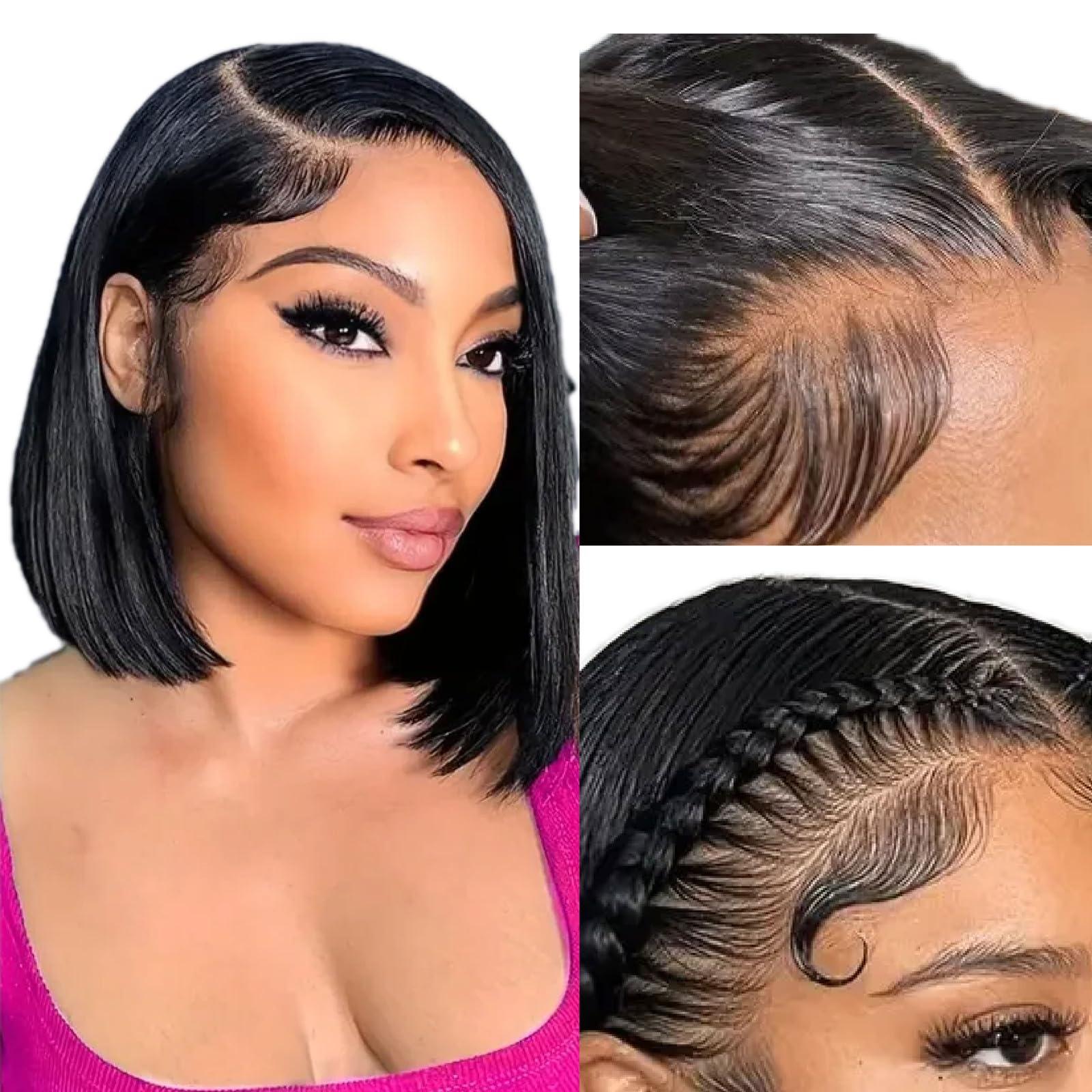 CRYSTALHAIR 10 inch Straight Bob Wig Human Hair, Lace Glueless Front Wigs Human Hair,Highlight Human Hair Bob Wig,Pre Plucked 13x4 HD Lace Front Wigs Human Hair 180% Density Natural Black Wig Human Hair