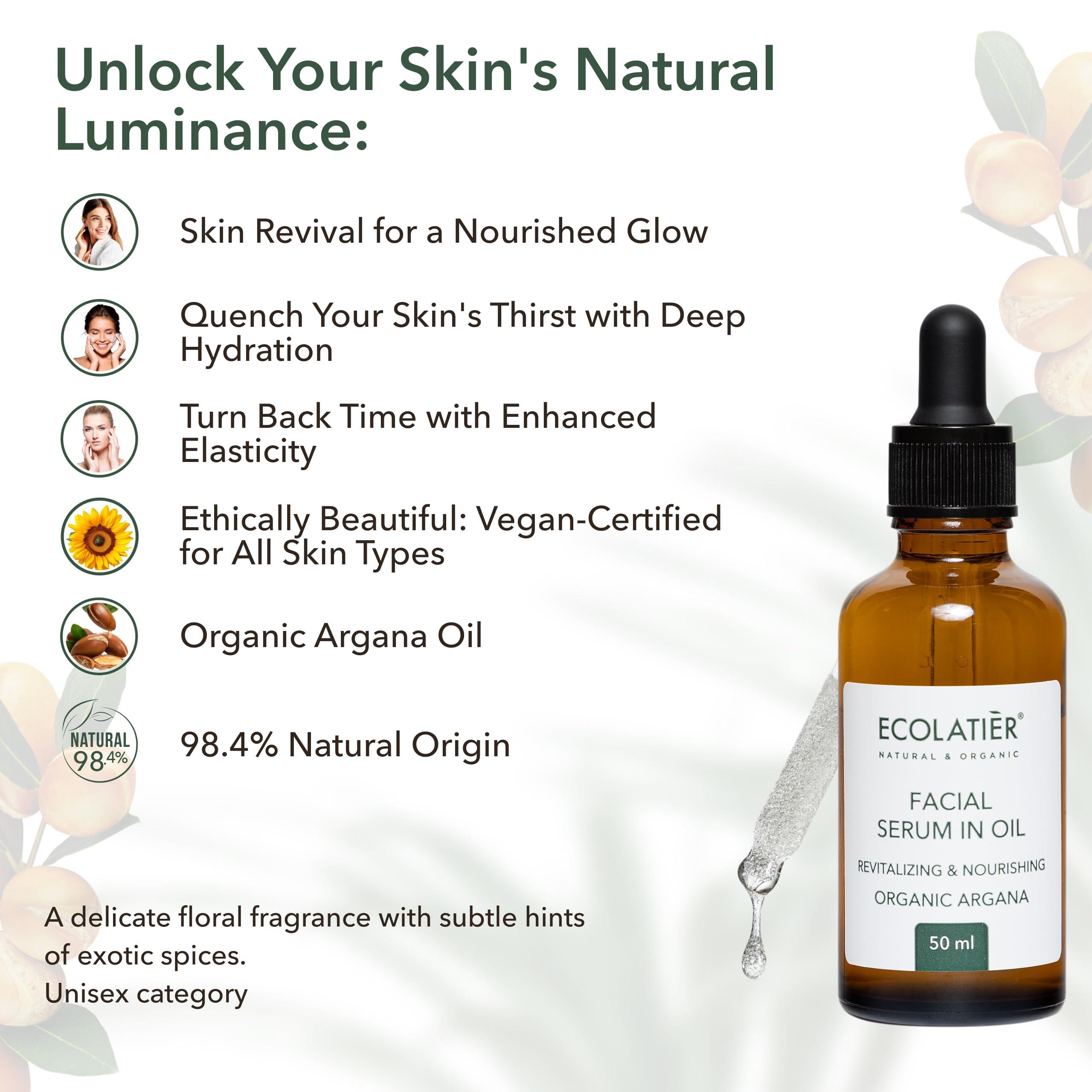ECOLATIR Face Serum with Organic Argan Oil 98.4% Natural, Hydrating Anti-Aging Facial Serum, Revitalizing & Nourishing, Improves Skin Elasticity, 1.7 Fl Oz - ECOLATIER