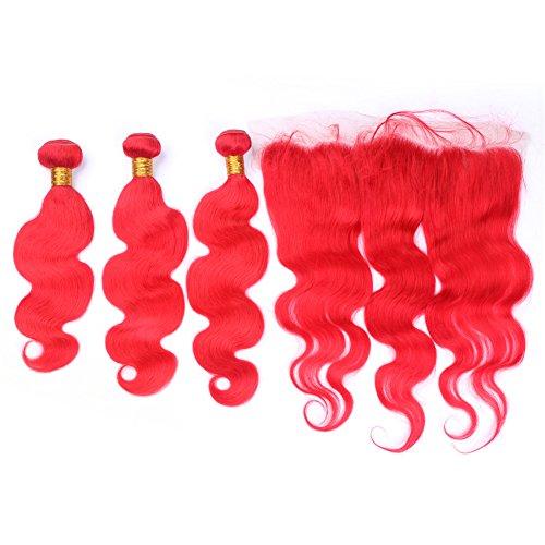 Generic Brazilian Virgin Hair Weaves With Frontal Closure Ruby Red Body Wave Hair Wefts With Lace Frontal Bleached Knot 13x4 Frontal With Body Wave Red Colored 3Bundles Extensions (18 18 18+16 inch closure)