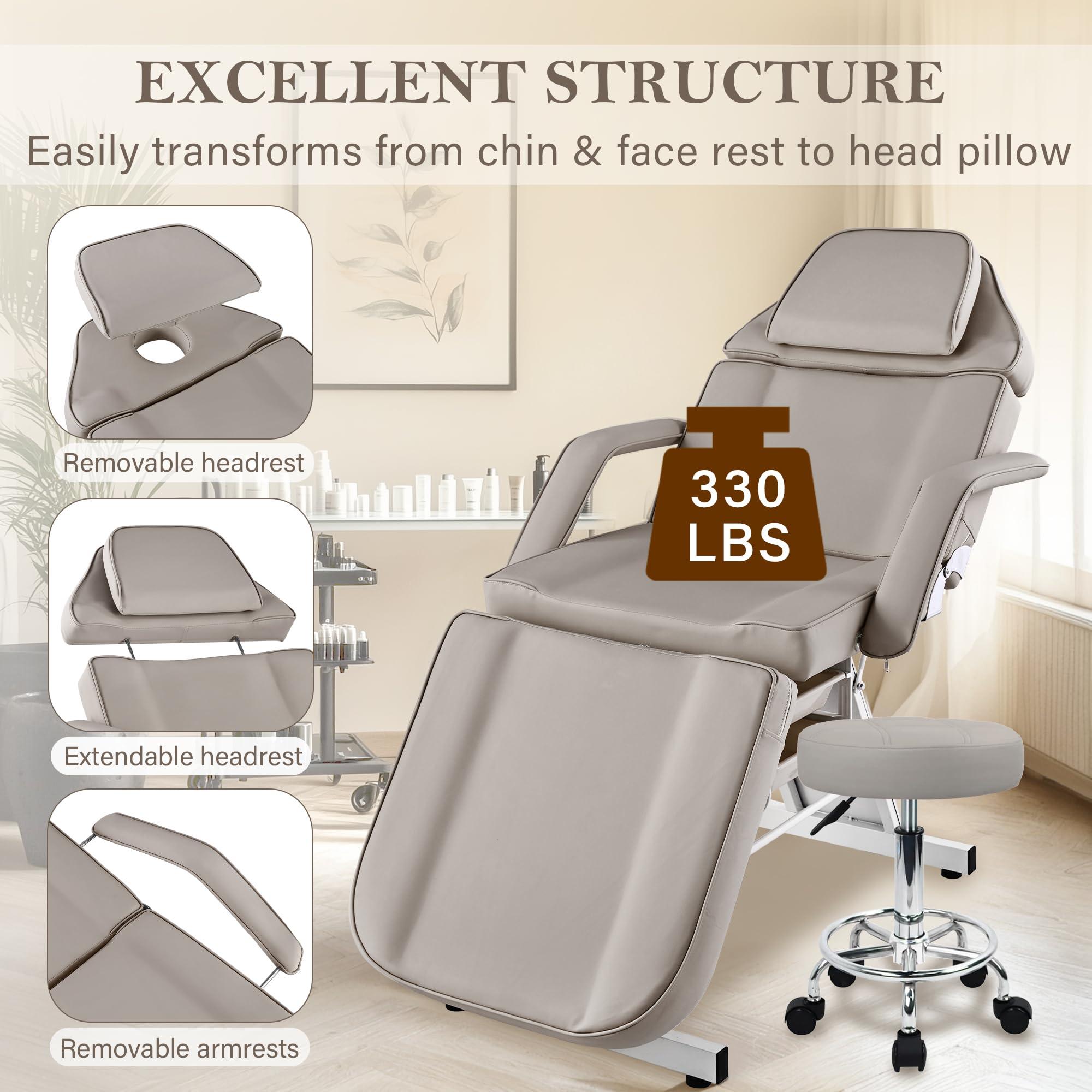 KIIUMI KIIUMI Tattoo Chair for Client, Facial Beds for Esthetician Lash Bed with Extended Head & Rolling Stool, Extensions Tattoo Massage Table for Artist Beaty Spa Salon Equipment with Storage Tray -Grey