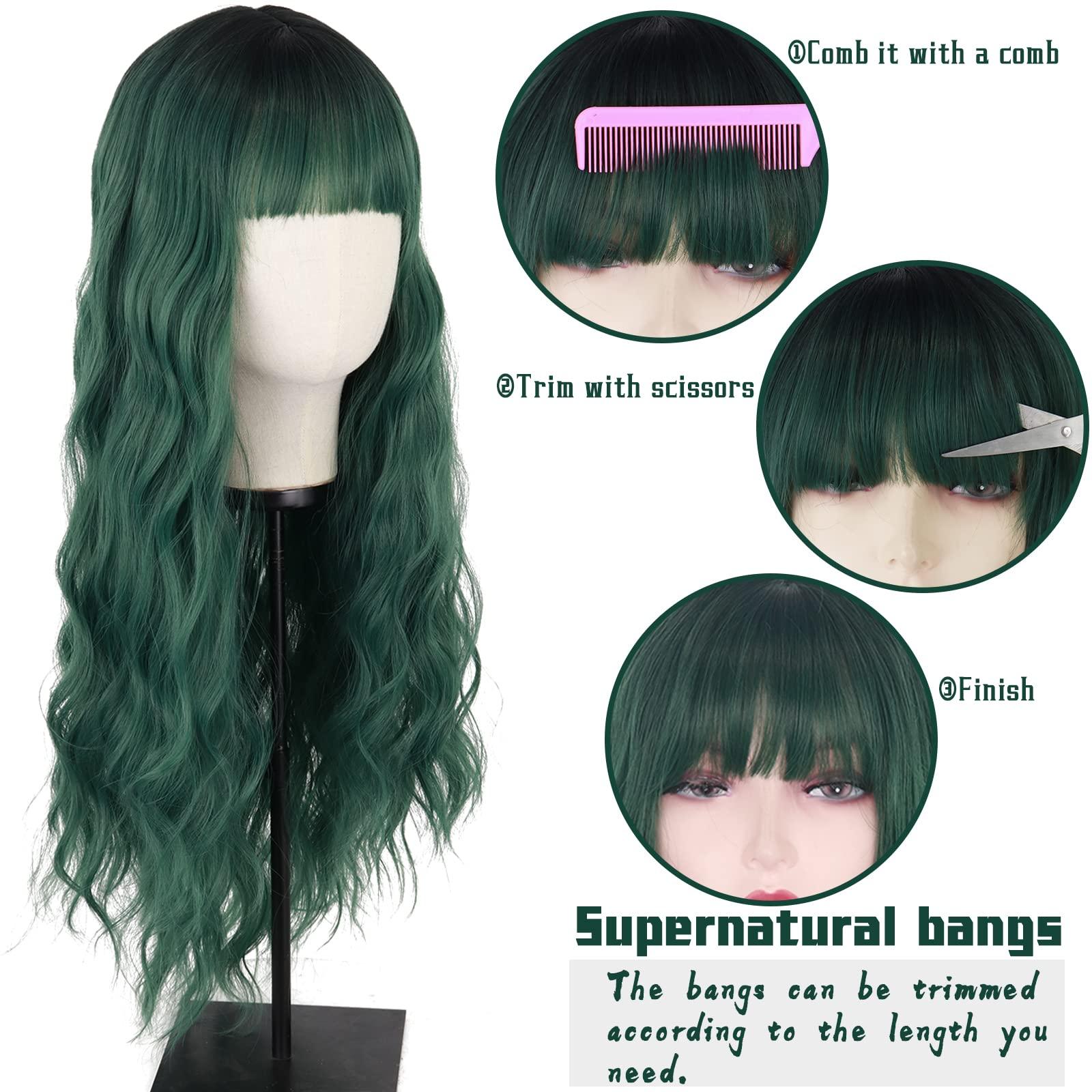 MERISIHAIR MERISIHAIR Long Dark Green Wig with Bangs,Ombre Curly Green Wig for Women,Long Dark Green Cosplay Wig Synthetic Natural Looking for Daily and Party