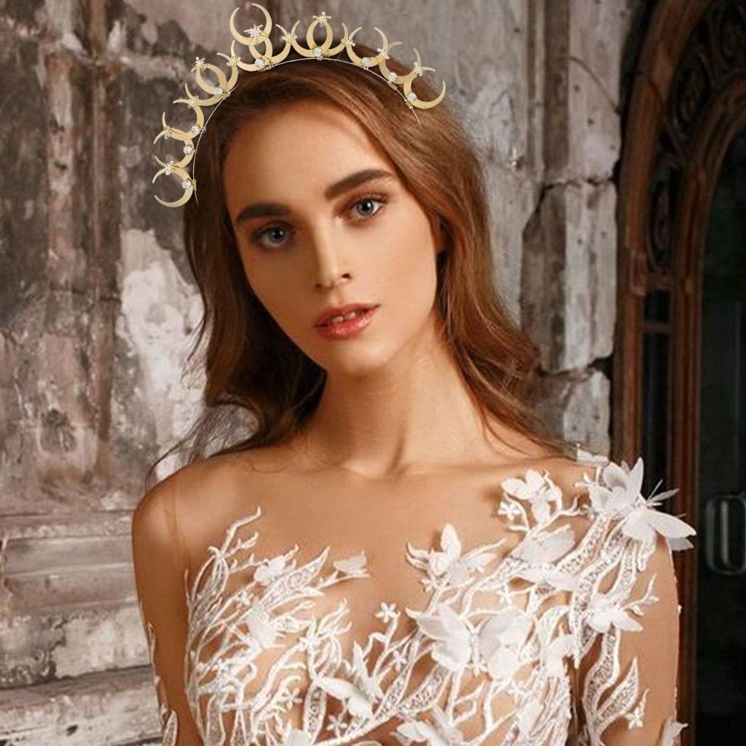 Urieo Urieo Rhinestone Moon Crown Headband Gold Star Headpiece Crystal Tiara Headbands Parties Hair Accessory for Women