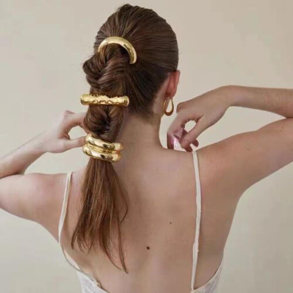 HONGJIANV Gold Hair Cuffs, Metal Hair Tie, Gold Ponytail Cuff, Gold Metal Geometric Elastic Hair Ties, Women\'S Glossy Double Arch Ponytail Hair Tie, Retro Temperament Headband (E)