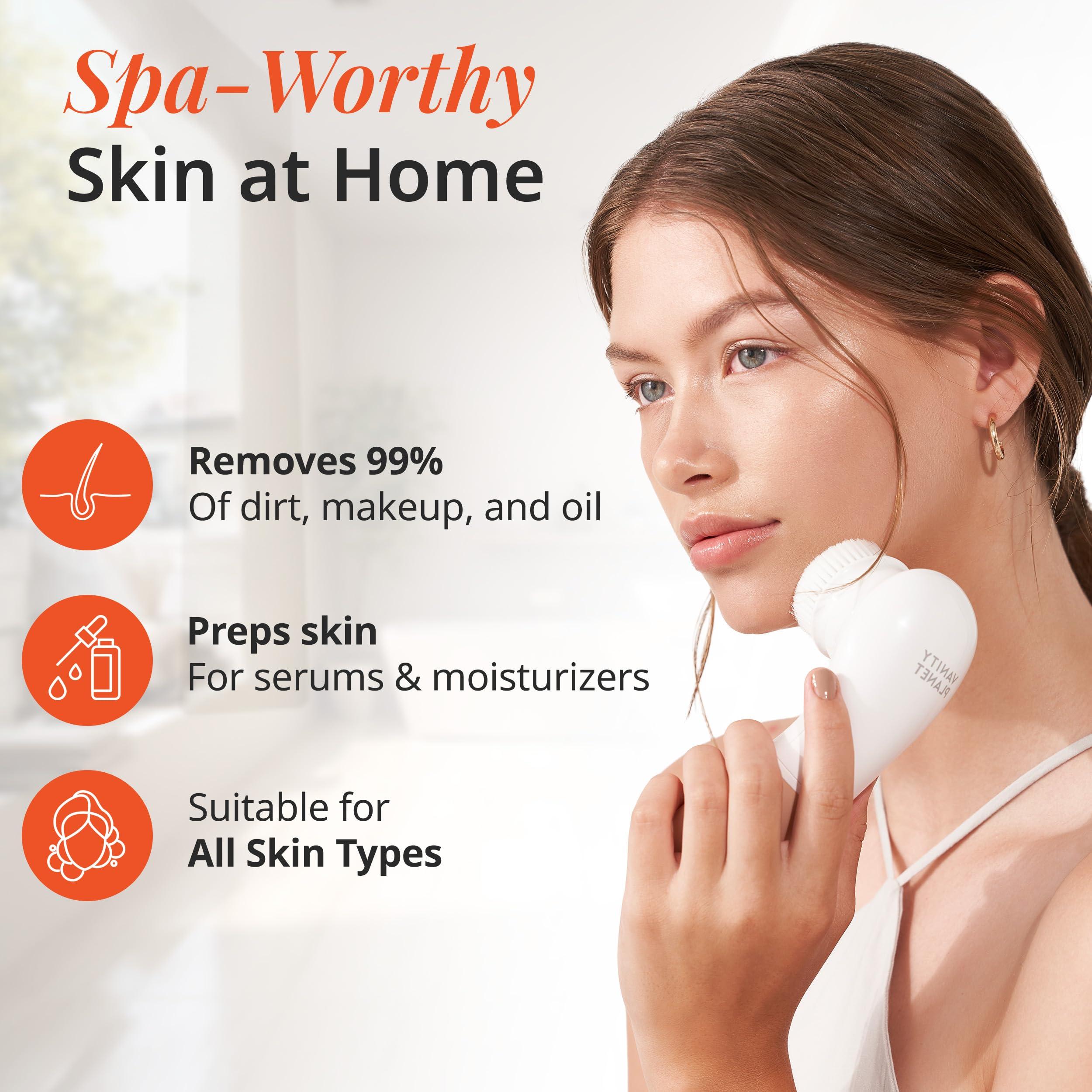 Vanity Planet Raedia Daily Facial Cleansing Brush with 4 Interchangeable Brush Heads by Vanity Planet - Handheld, Lightweight for Glowing Skin - Water Resistant Face Exfoliator - Dusty Pink