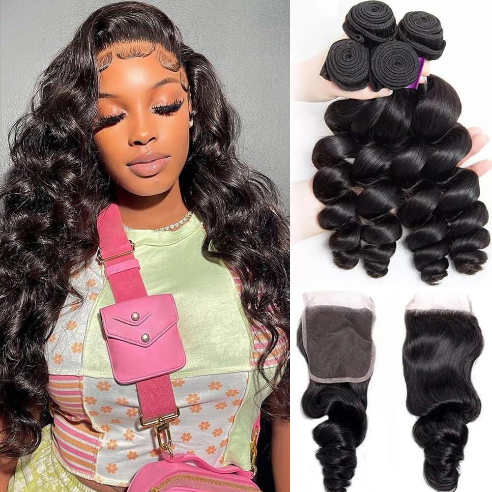 Luduna Luduna Human Hair Loose Wave Bundles with Closure Brazilian Loose Wave 3 Bundles with 4X4 Lace Closure 100% Unprocessed Virgin Human Bundles Hair Extensions for Black Women